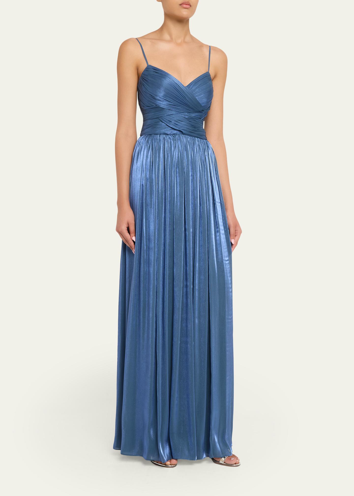 Costarellos Sireen Metallic Georgette Sleeveless Crisscross Gown