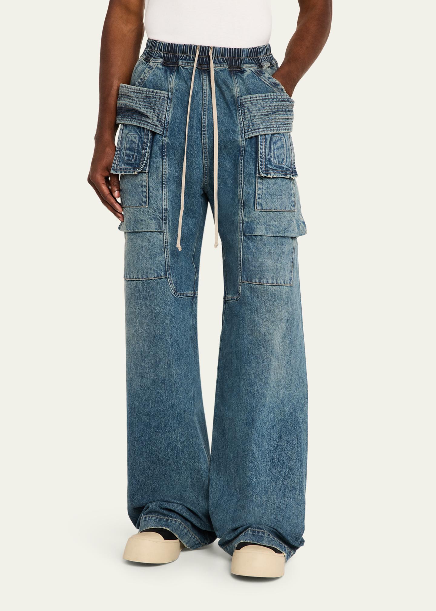 DRKSHDW RICK OWENS Men's Denim Wide-Leg Pull-On Cargo Pants
