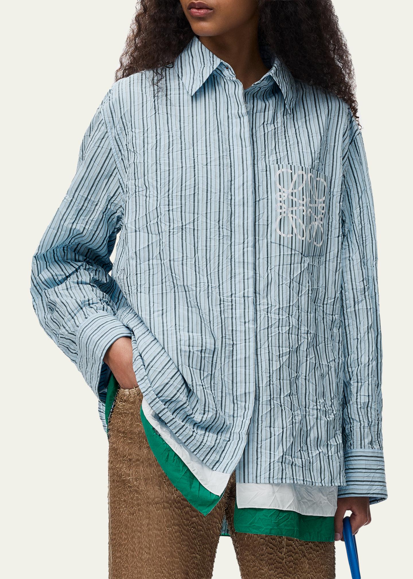 LOEWE Striped Crinkled Cotton Button-Down Shirt - Bergdorf Goodman