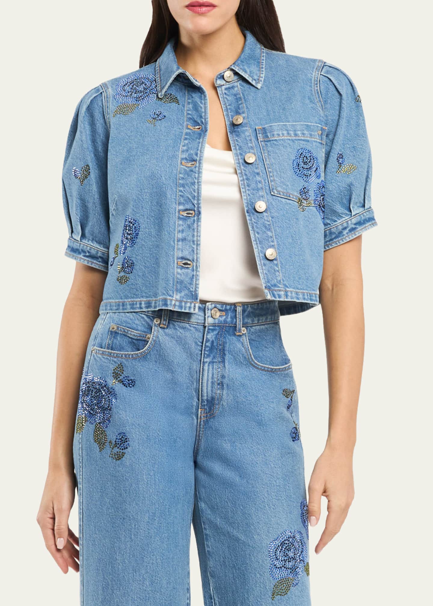 Cinq a Sept Cropped Heatset Roses Denim Jacket - Bergdorf Goodman