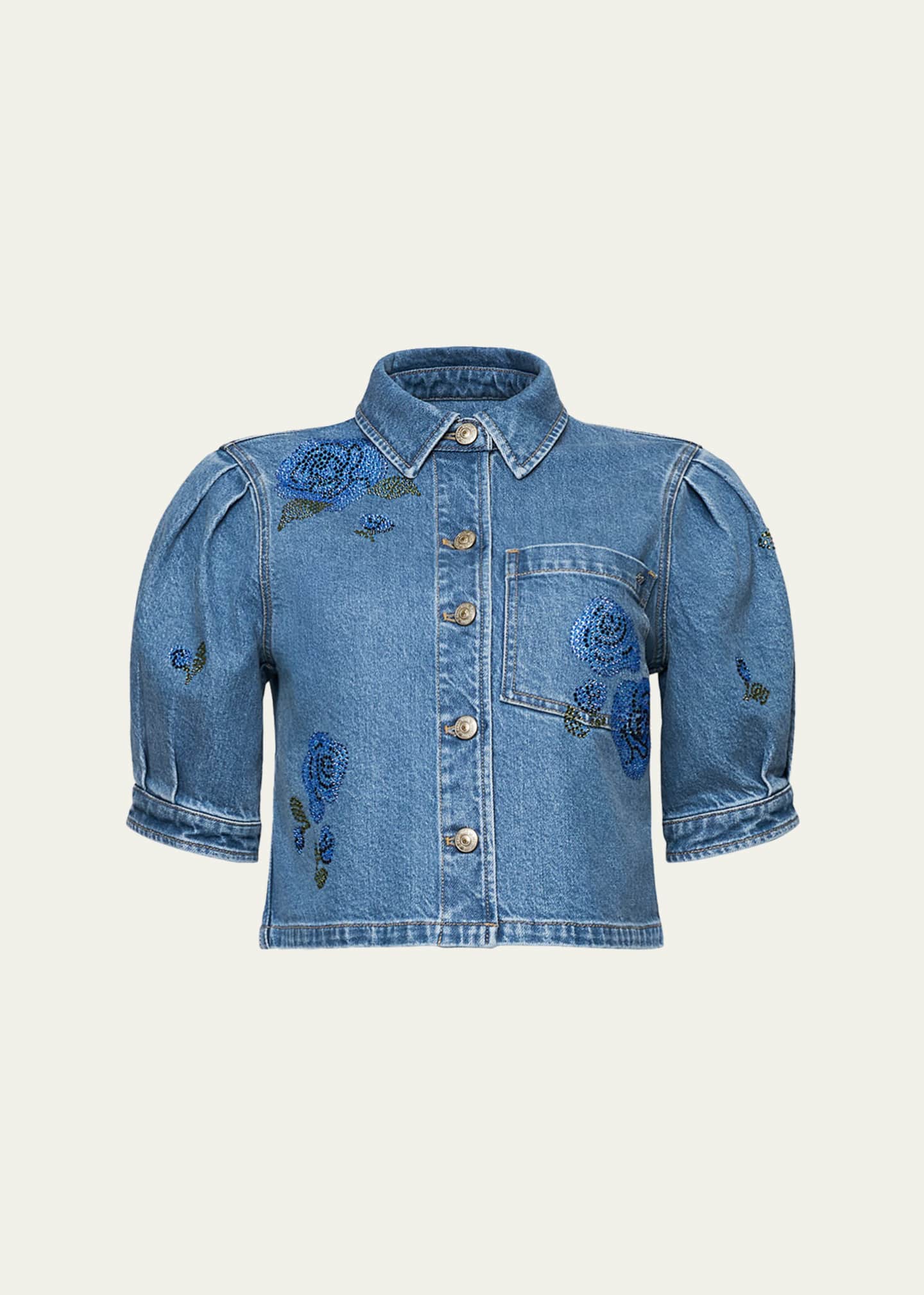 Cinq a Sept Cropped Heatset Roses Denim Jacket - Bergdorf Goodman