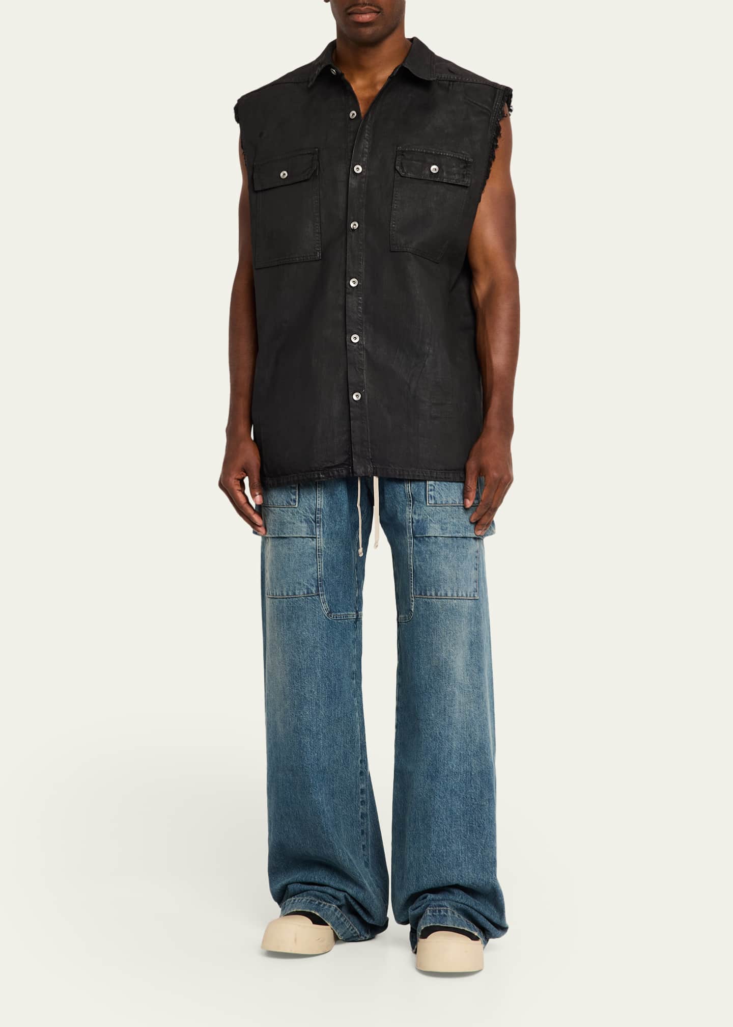 DRKSHDW RICK OWENS Men's Distressed Black Denim Button-Front Vest