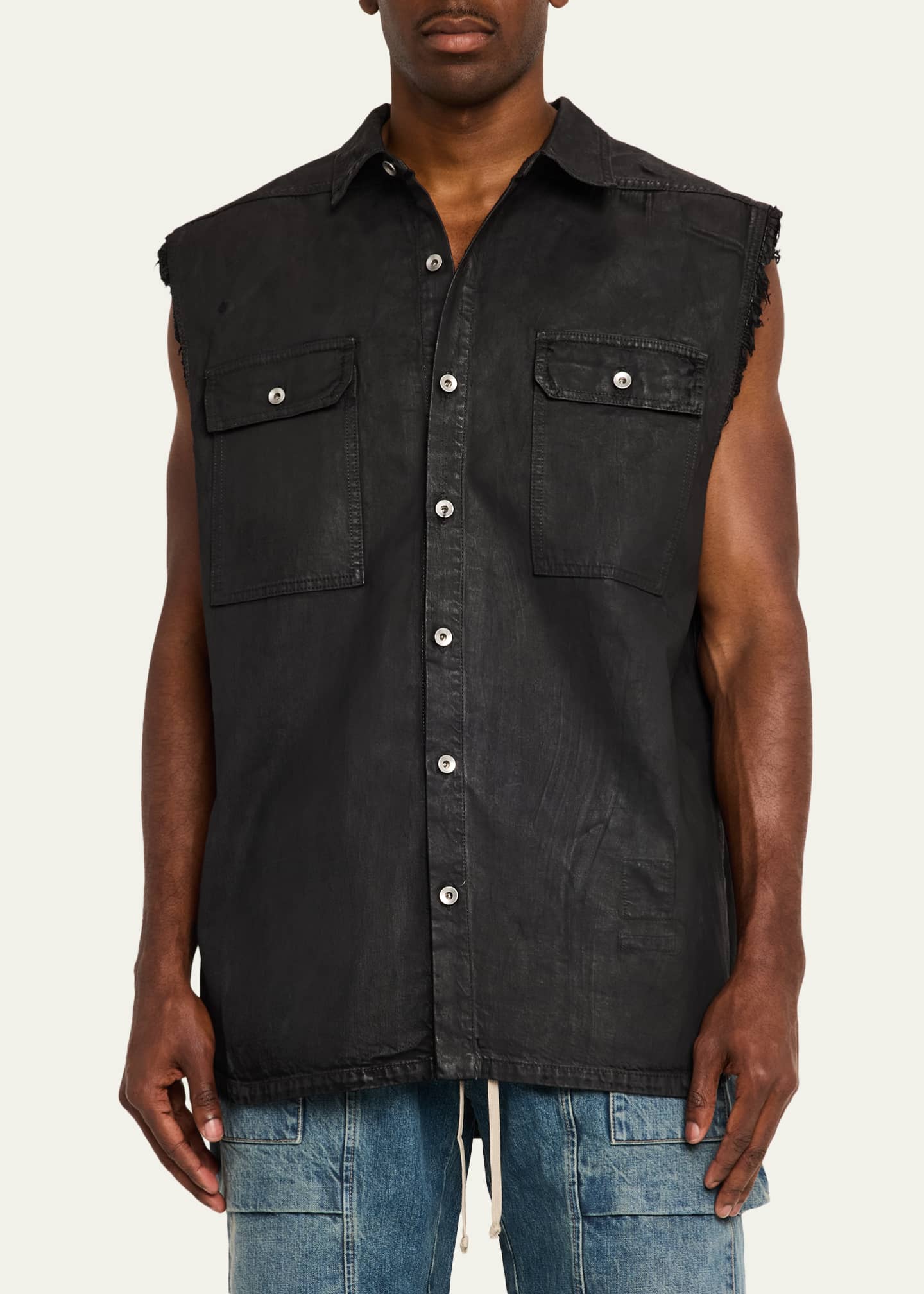 DRKSHDW RICK OWENS Men's Distressed Black Denim Button-Front Vest
