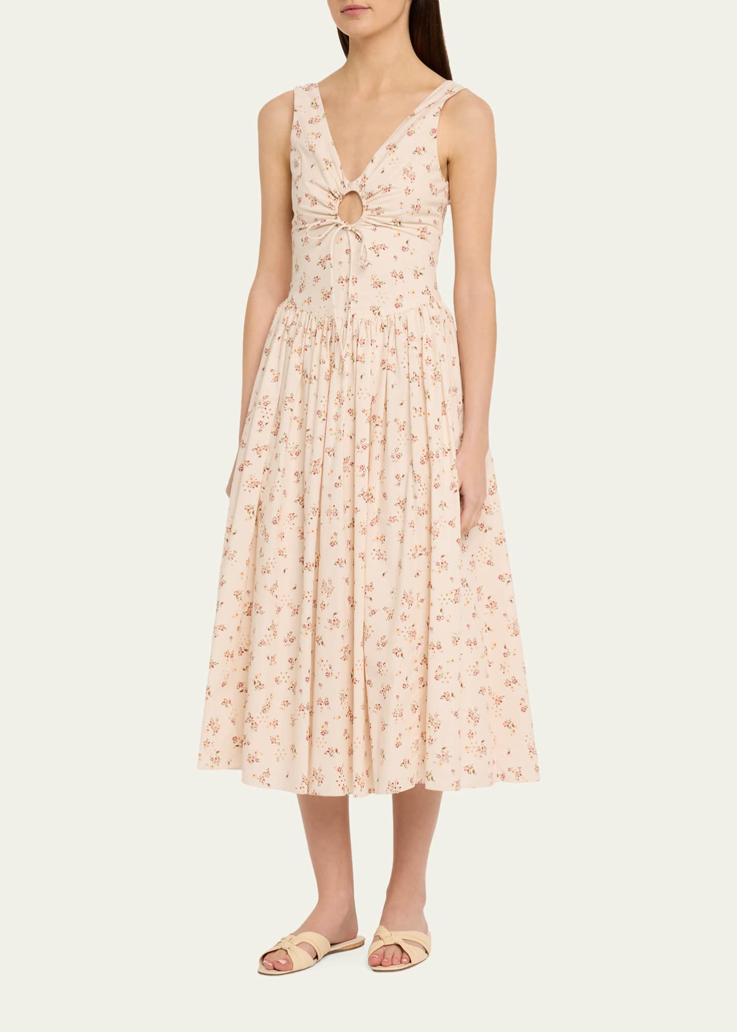 cotton keyhole neckline midi dress Ruched Keyhole-Neck Midi Dress - Green