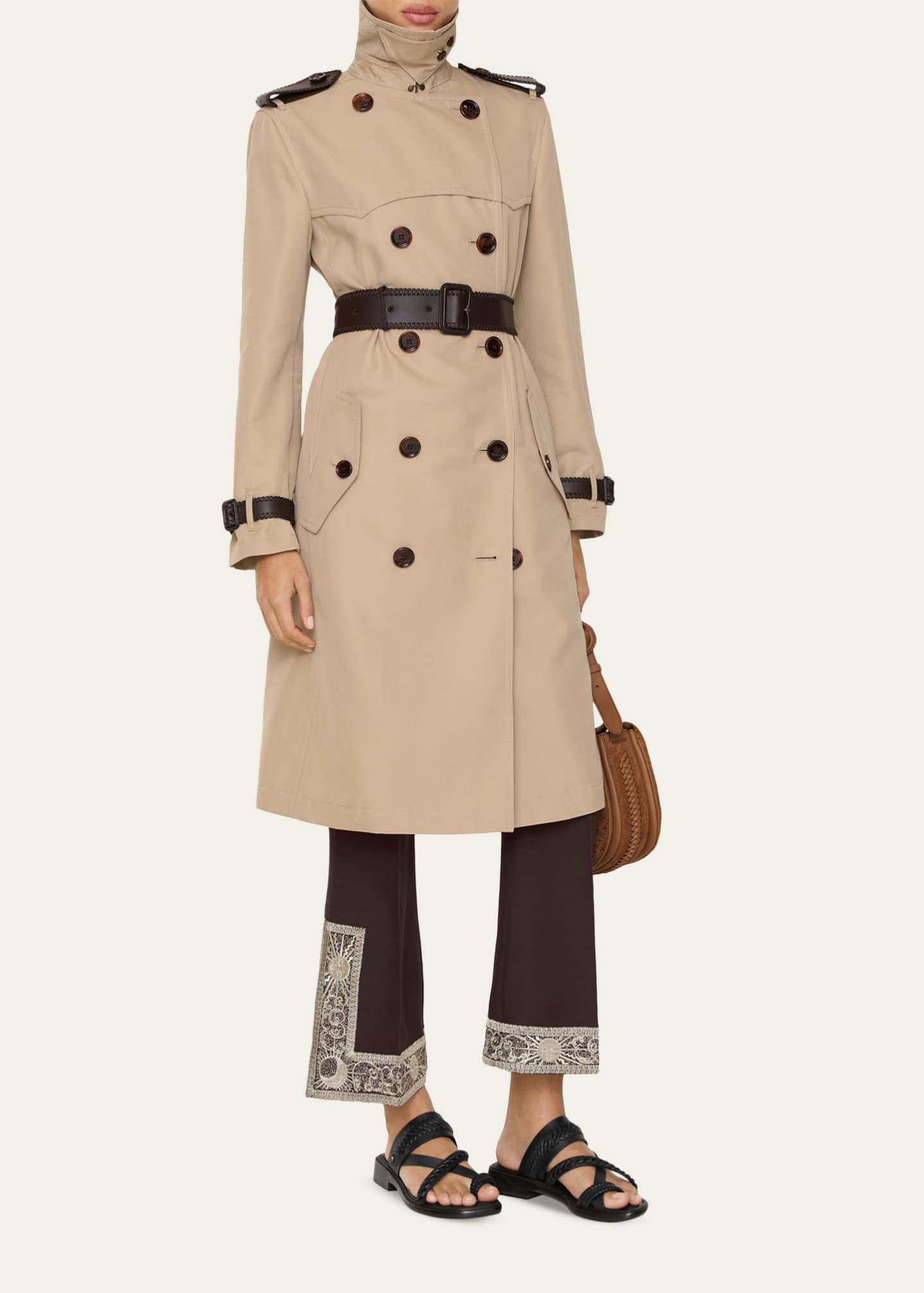 Burberry Foxfield Leather-Trim Double-Breasted Trench Coat