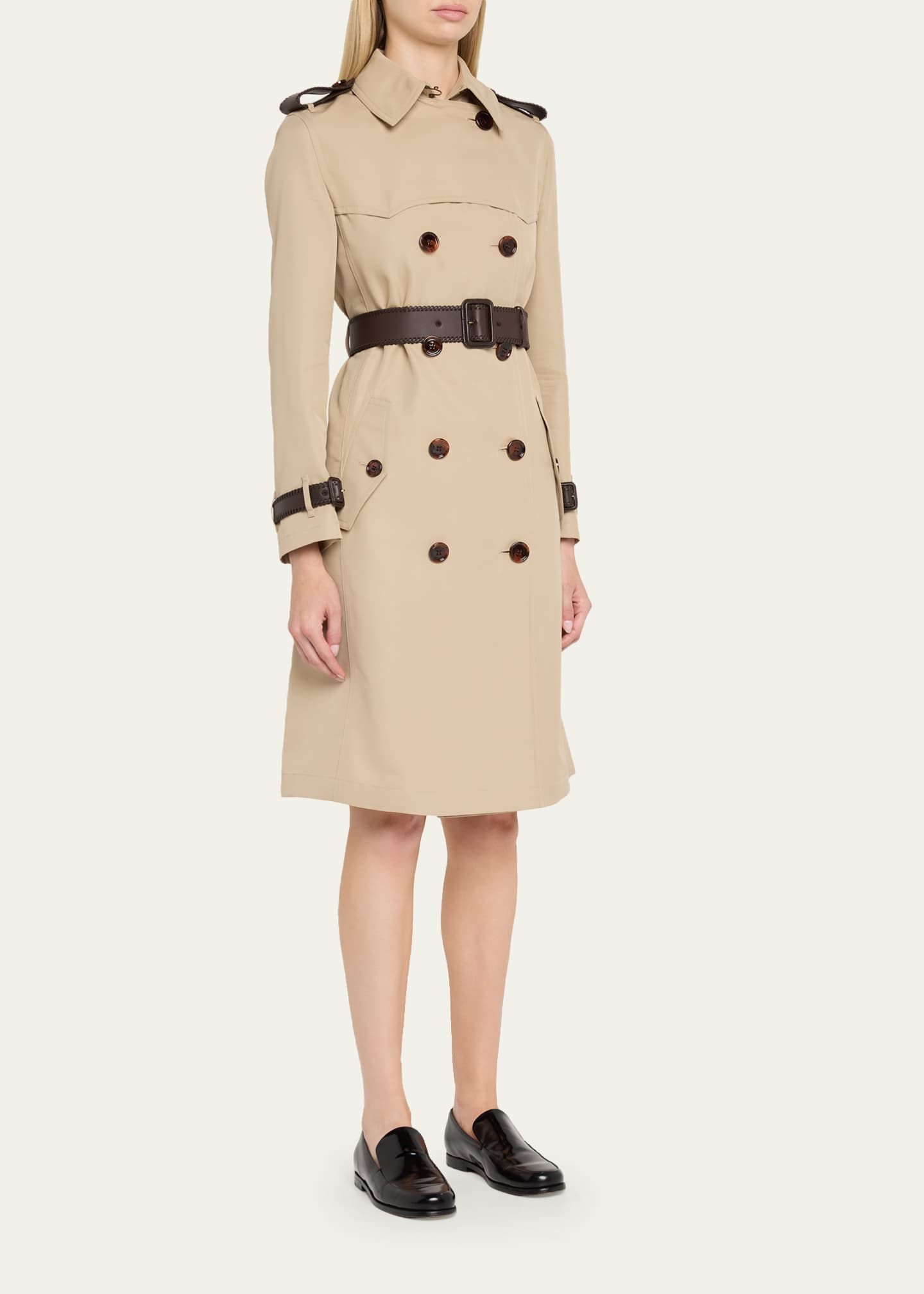 Burberry Foxfield Leather-Trim Double-Breasted Trench Coat