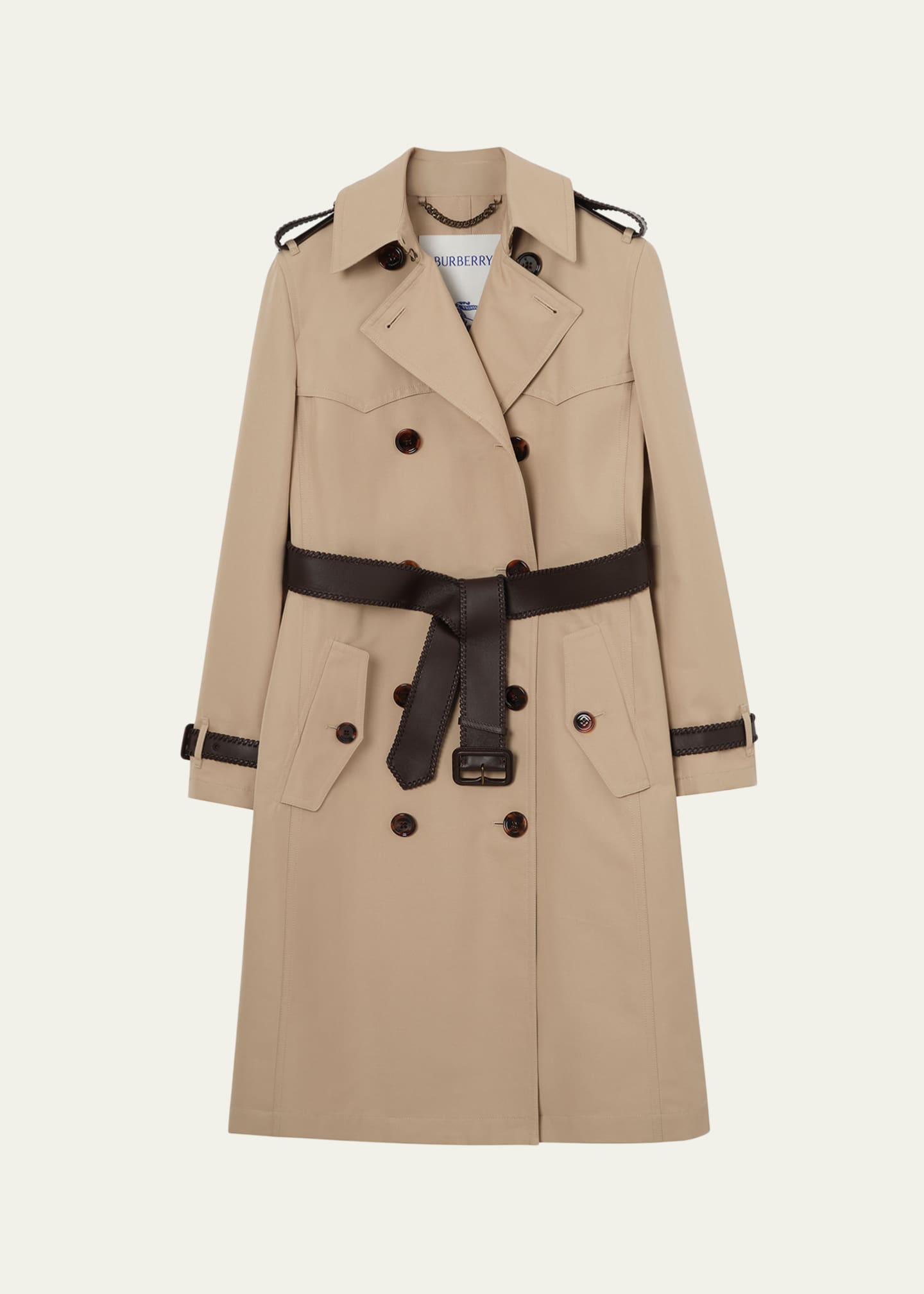 Burberry Foxfield Leather-Trim Double-Breasted Trench Coat