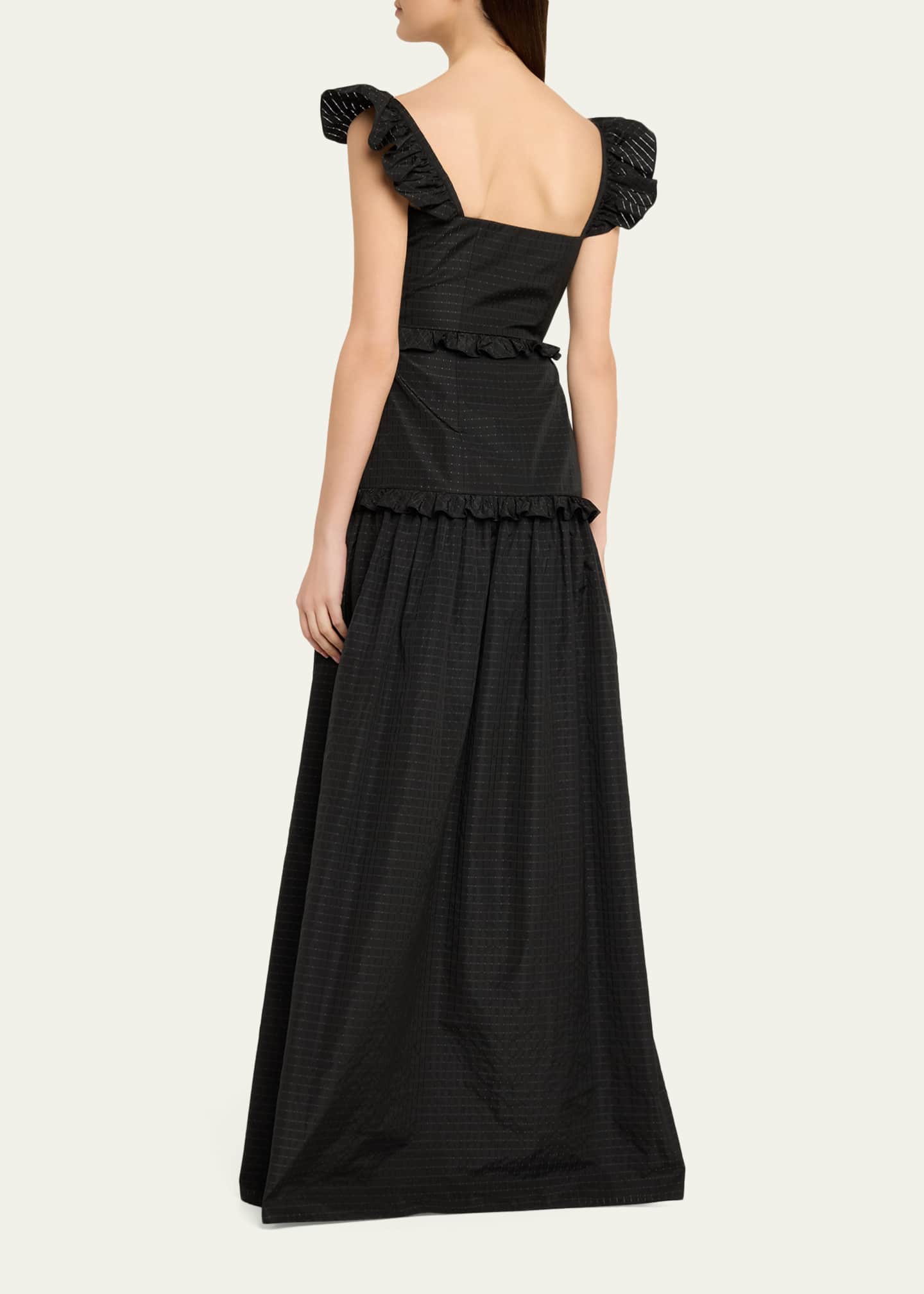 Markarian Arabella Ruffle Sleeveless Check Jacquard Gown, Black, Women's, 6, Evening Formal Gala Gowns Mother of the Bride Groom Sleeveless Gowns