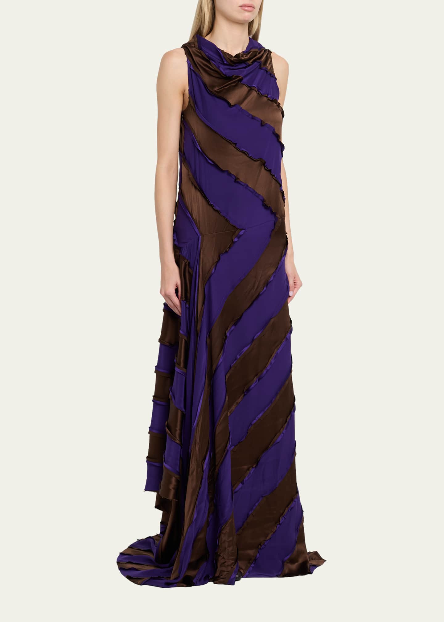 asymmetrical striped maxi dress PrettyLittleThing Women's Striped Brushed Rib Striped Asymmetric Long Sleeve Maxi Dress in Chocolate