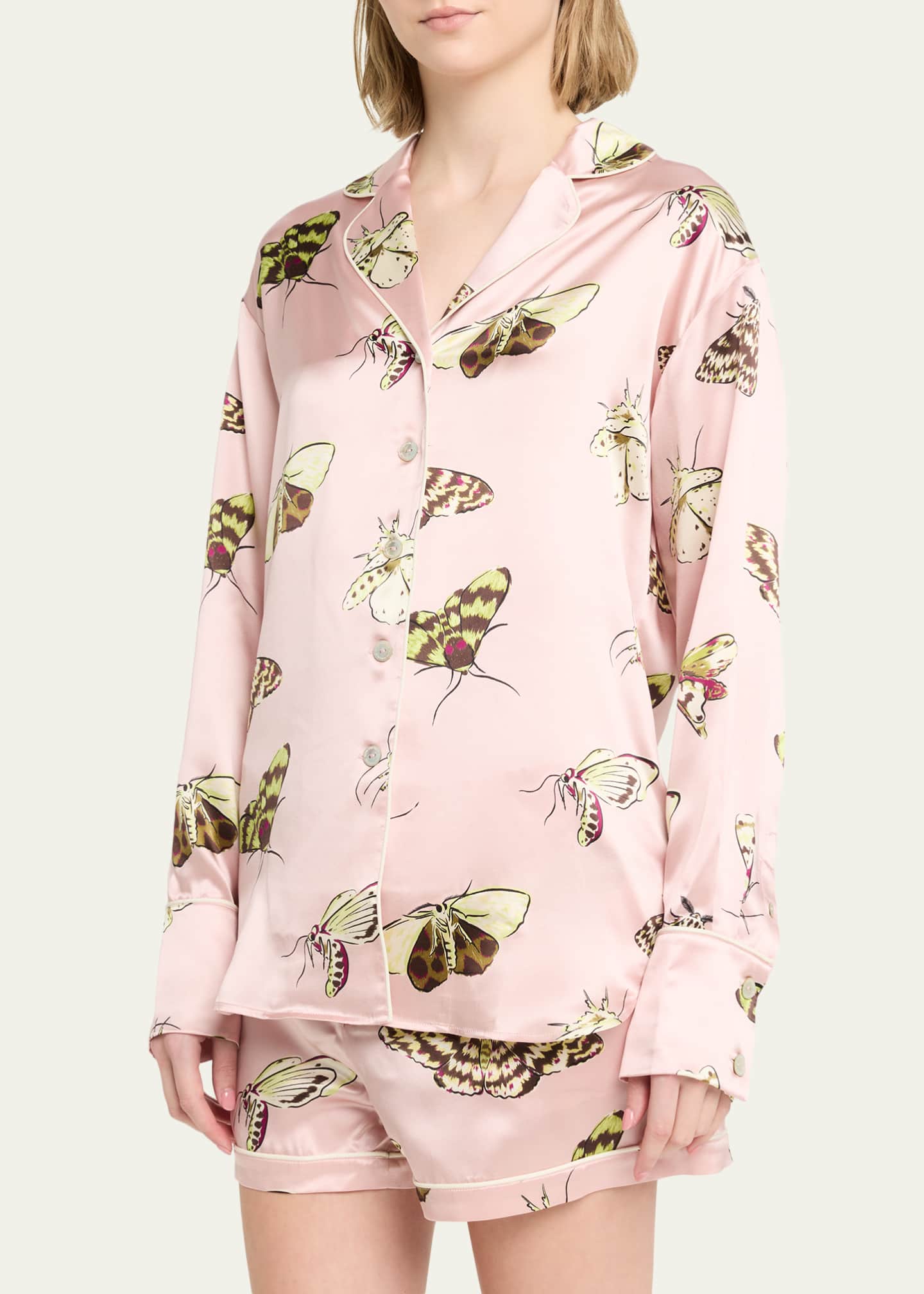 Olivia von Halle Alba Moth-Print Silk Satin Short Pajama Set
