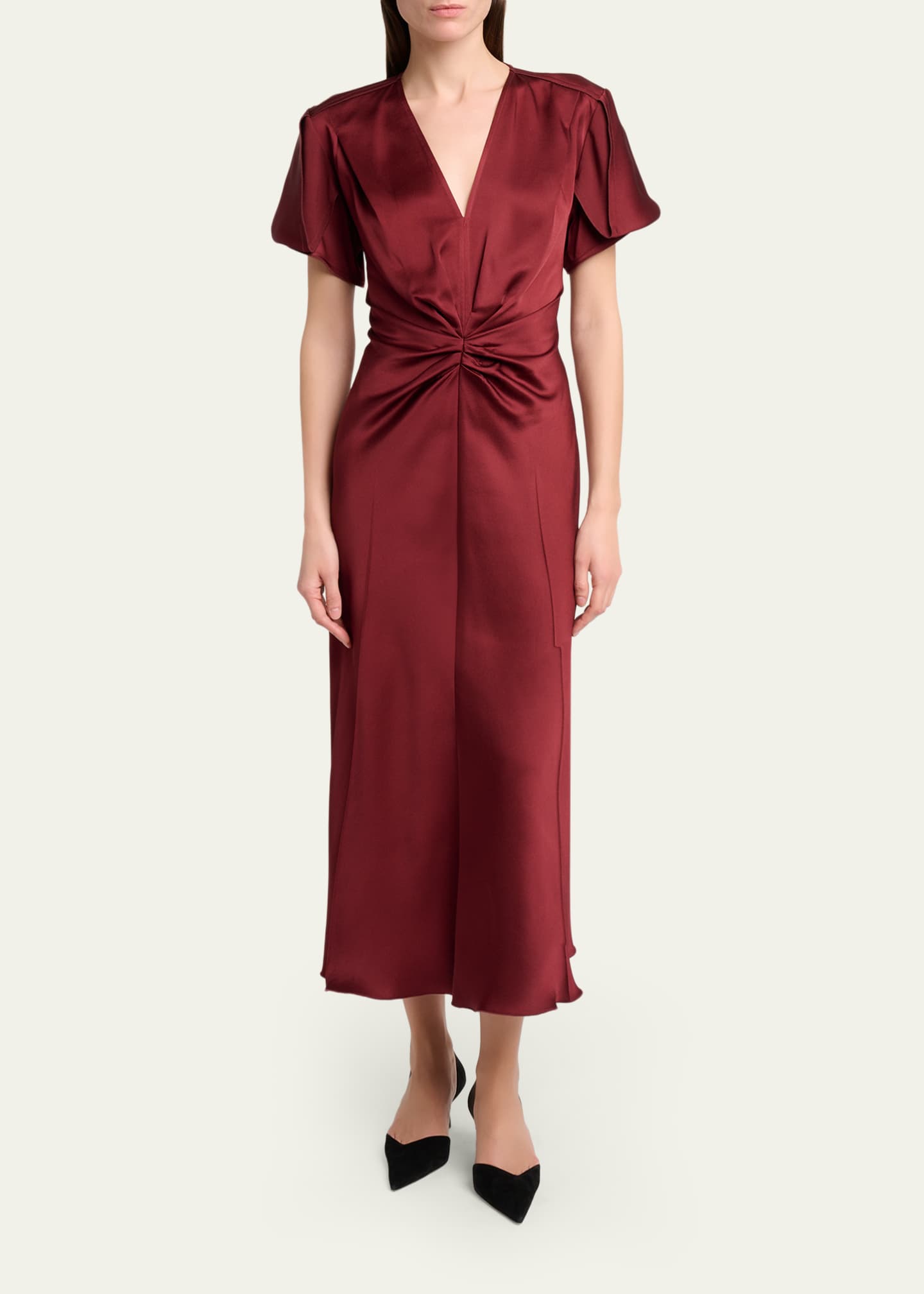 gathered waist midi dress victoria beckham Victoria Beckham Eve Gathered-Waist Satin Midi Dress