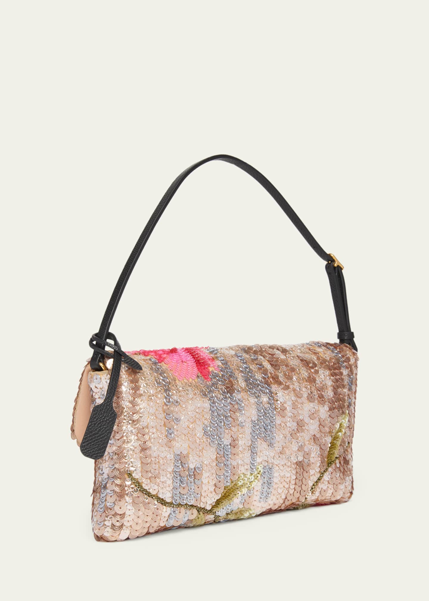Valentino Garavani Devain Floral Sequin Silk Satin Top-Handle Bag