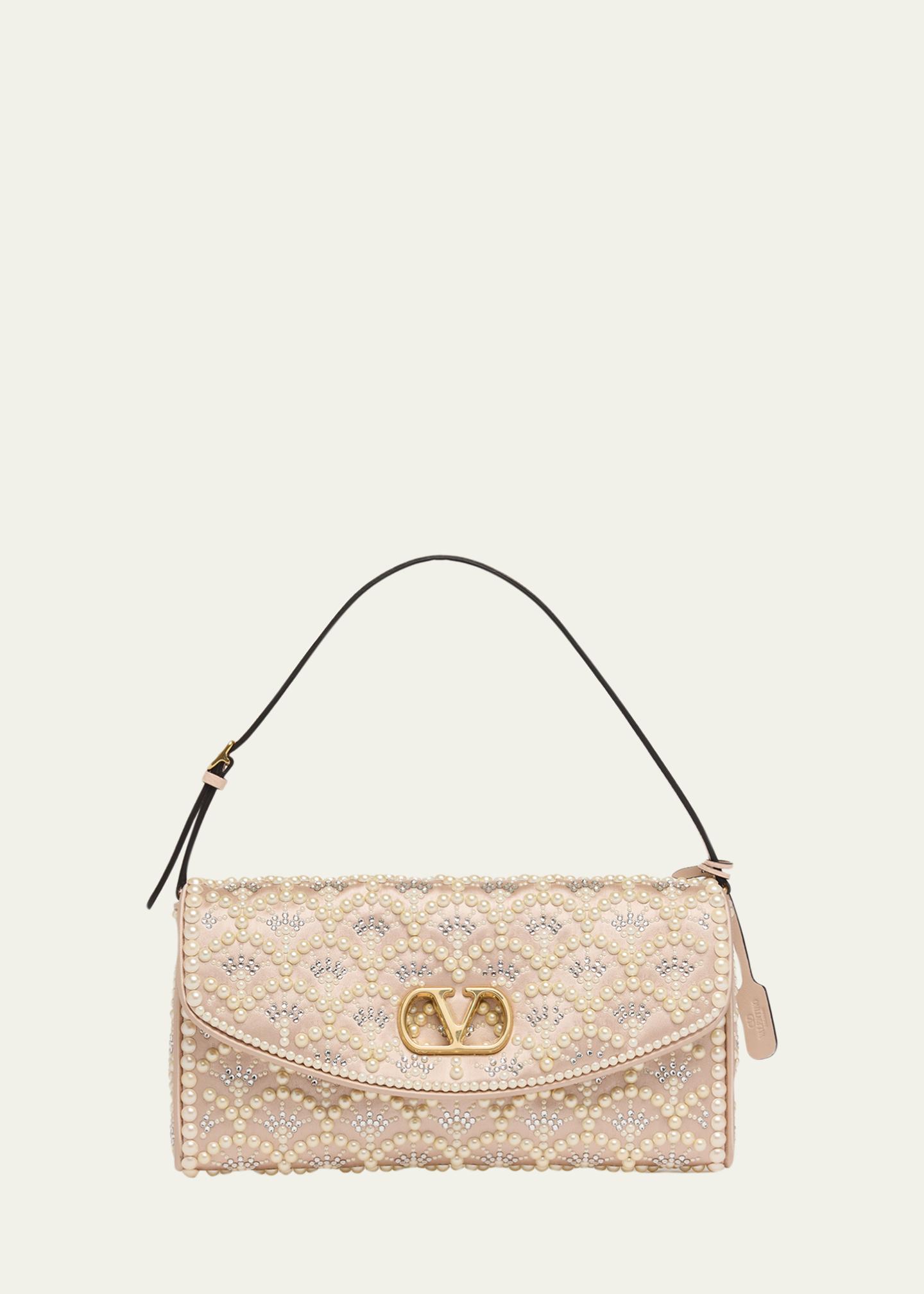 Valentino Garavani Devain Pearly-Embellished Satin Top-Handle Bag