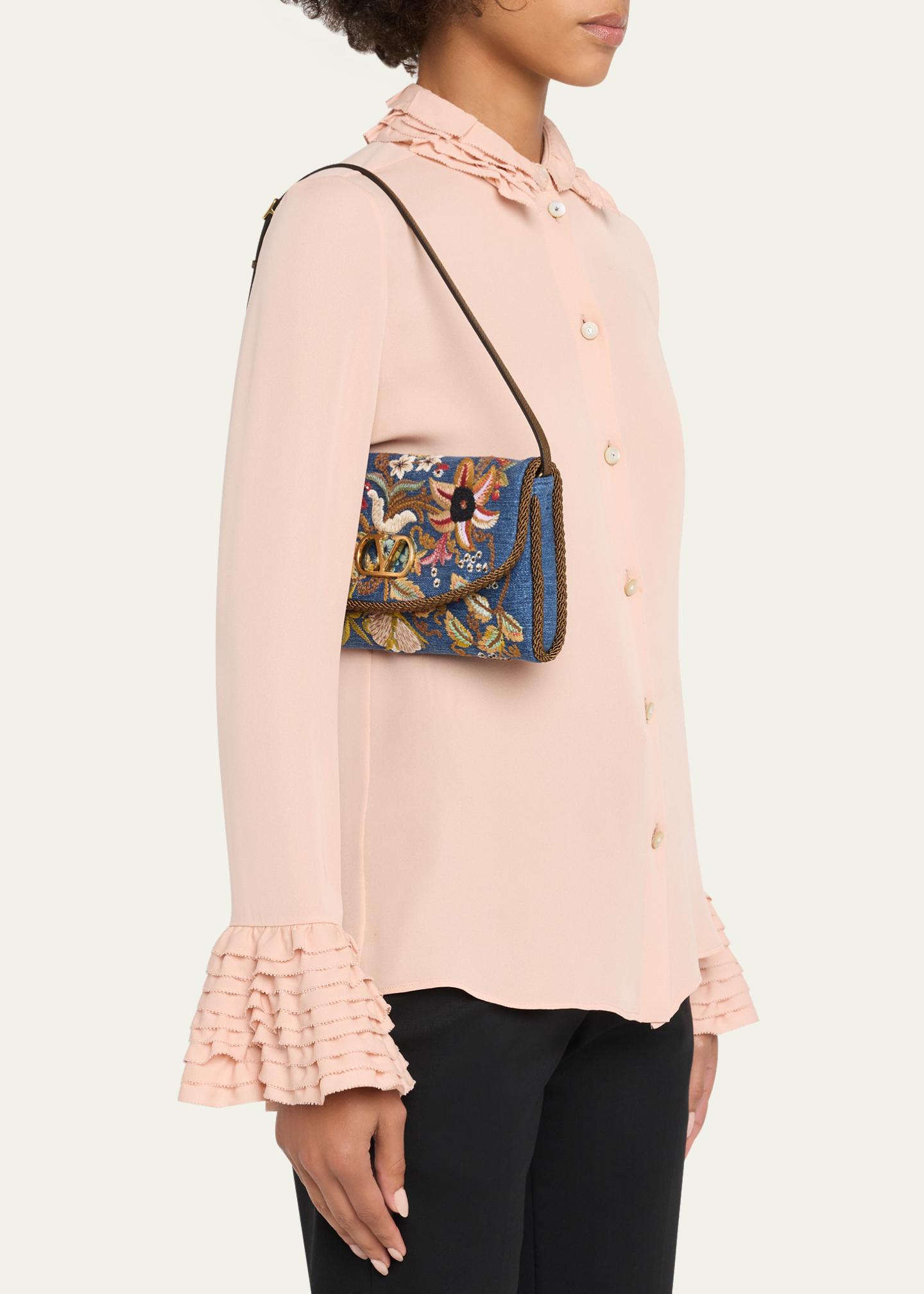 Valentino Garavani Devain Small Embroidered Denim Shoulder Bag