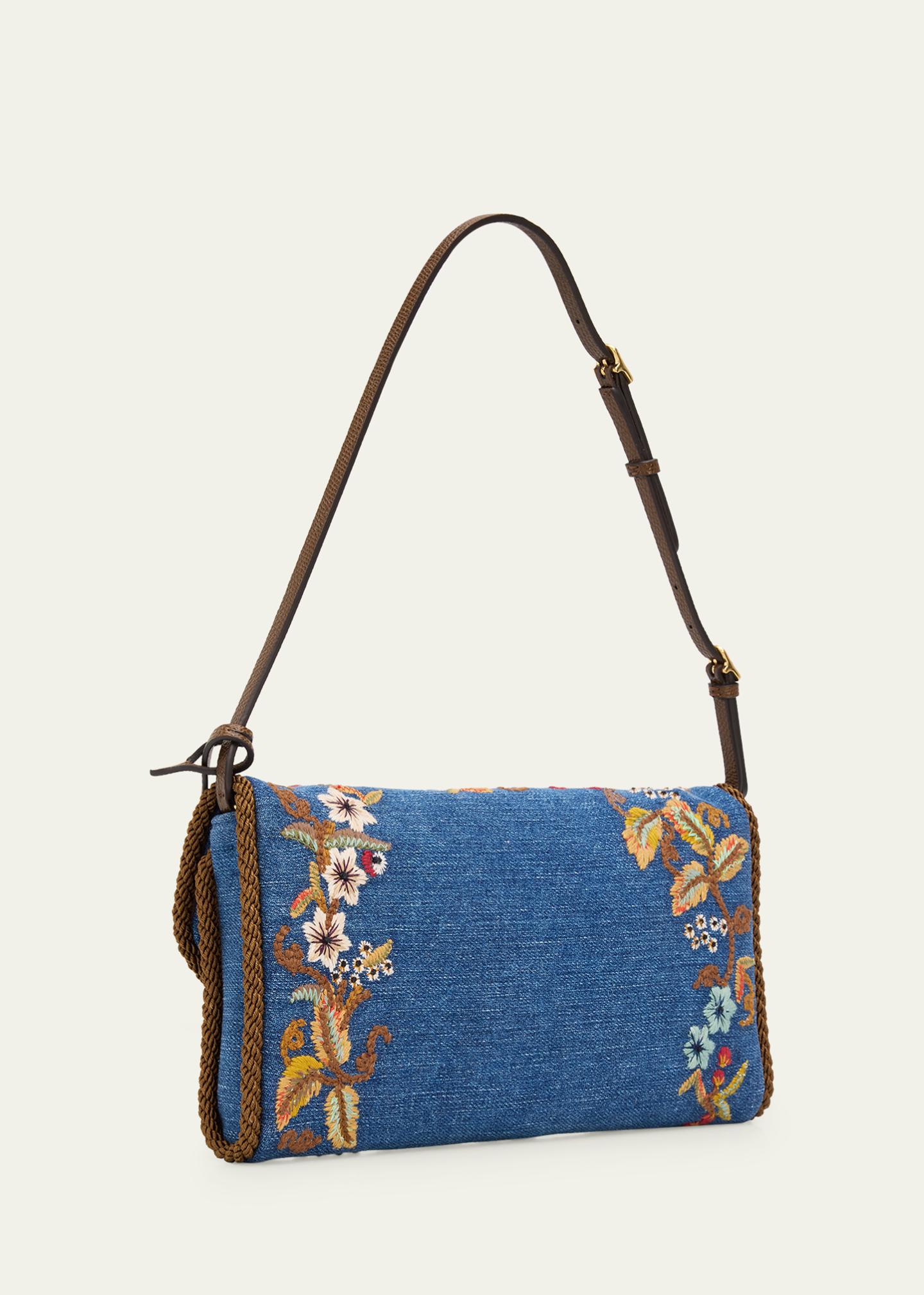 Valentino Garavani Devain Small Embroidered Denim Shoulder Bag