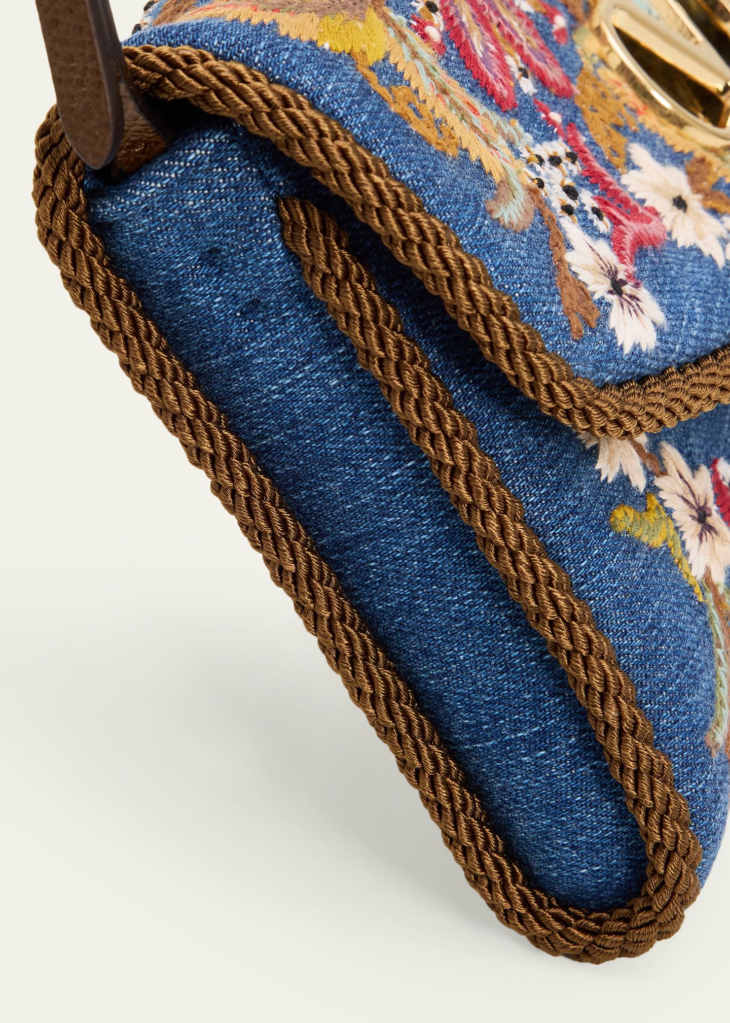 Valentino Garavani Devain Small Embroidered Denim Shoulder Bag