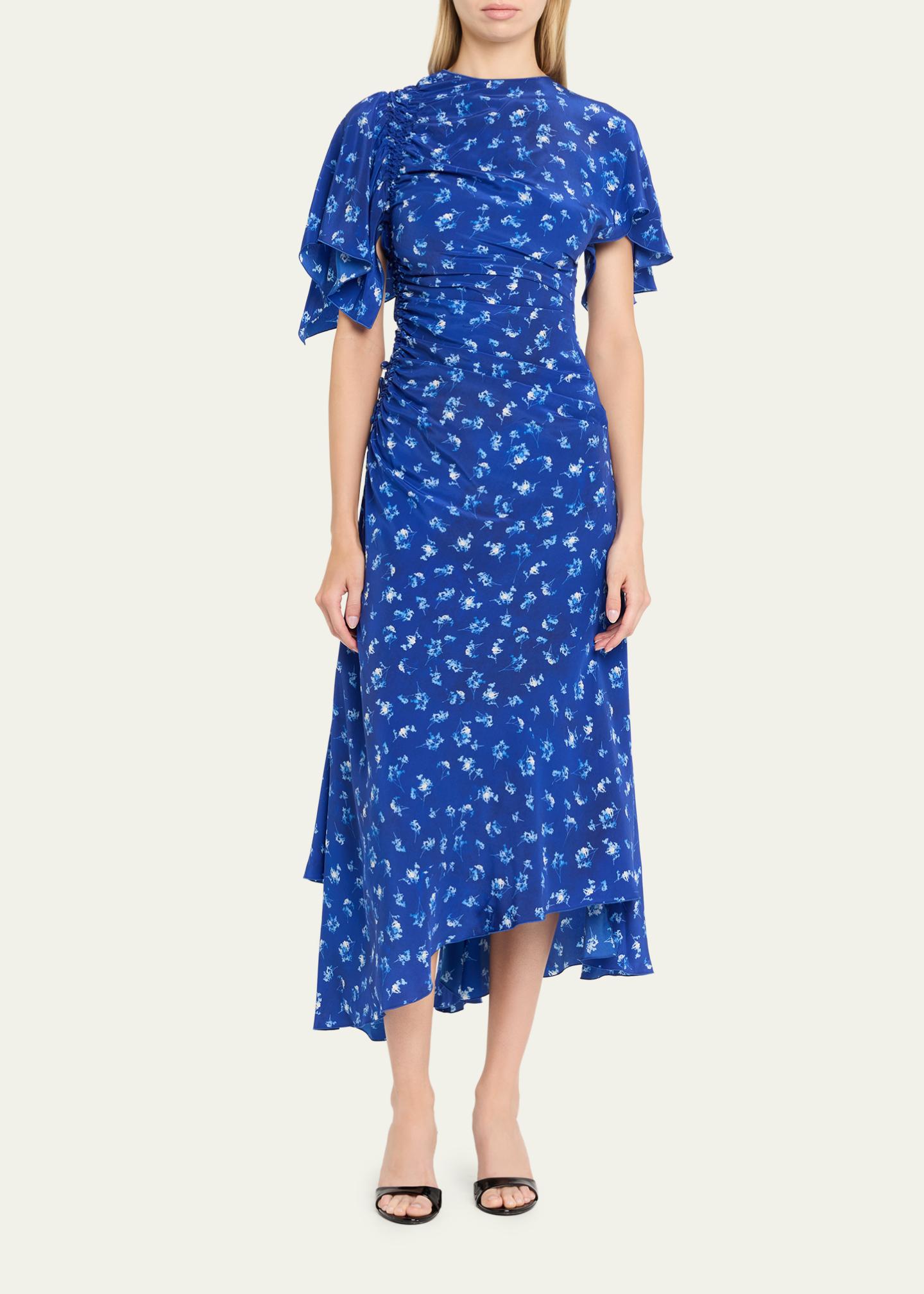 Victoria Beckham Asymmetric Smocked Short-Sleeve Midi Dress