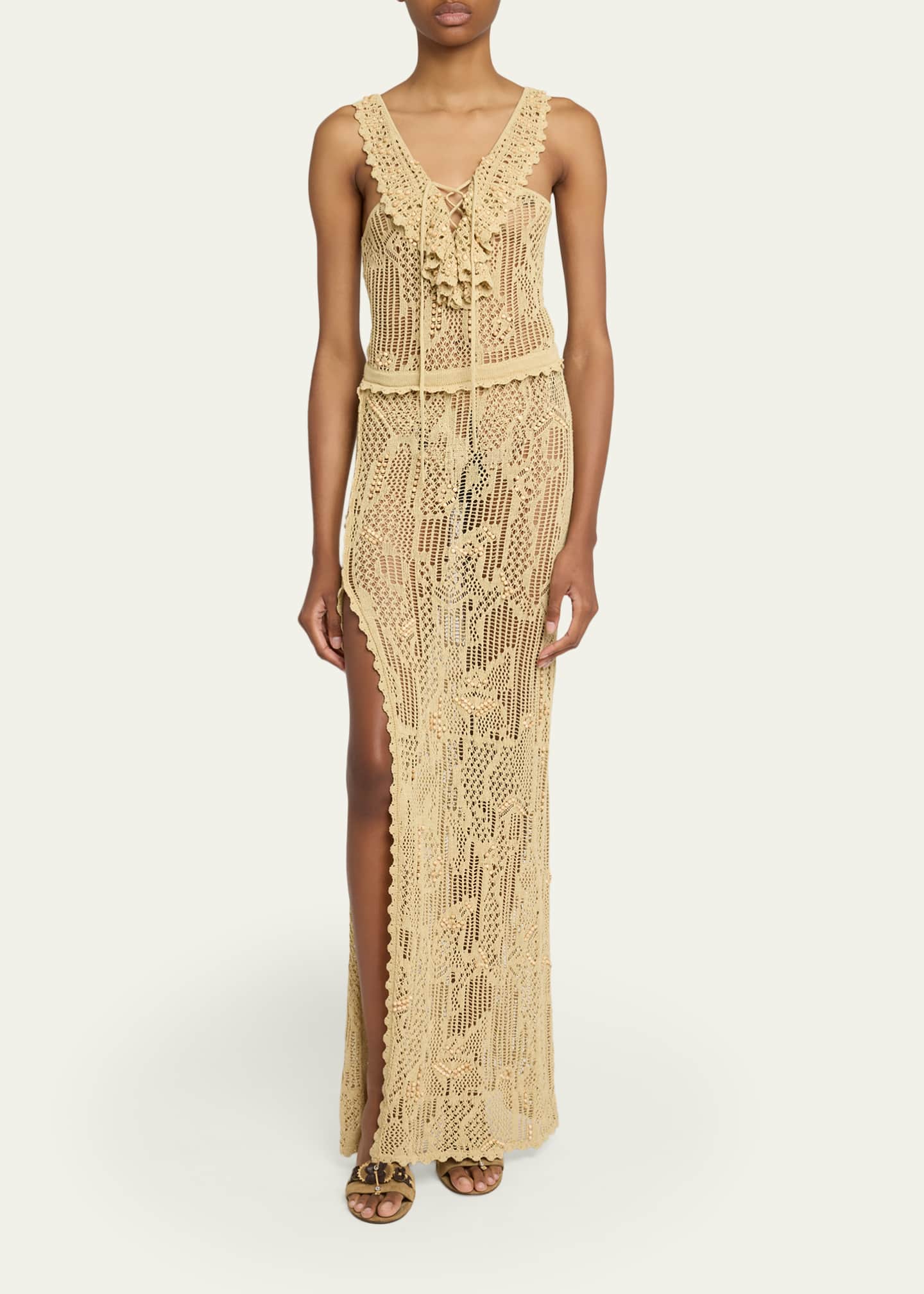 proenza schouler crochet-knit maxi dress Laura Harrier's Proenza Schouler Crochet-Knit Silk-Blend Dress