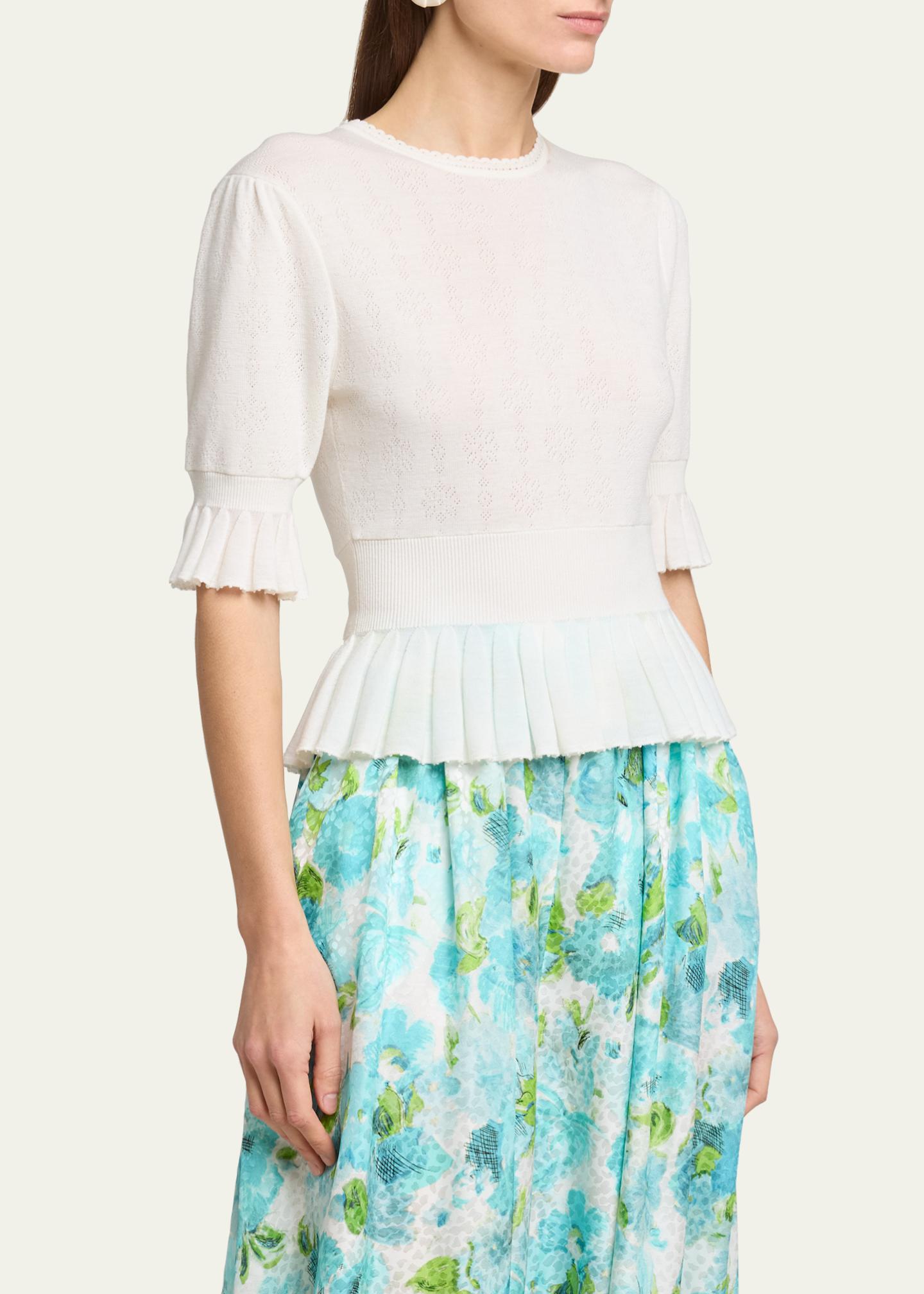 Chloe Short-Sleeve Pointelle Kit Ruffle Crewneck Sweater