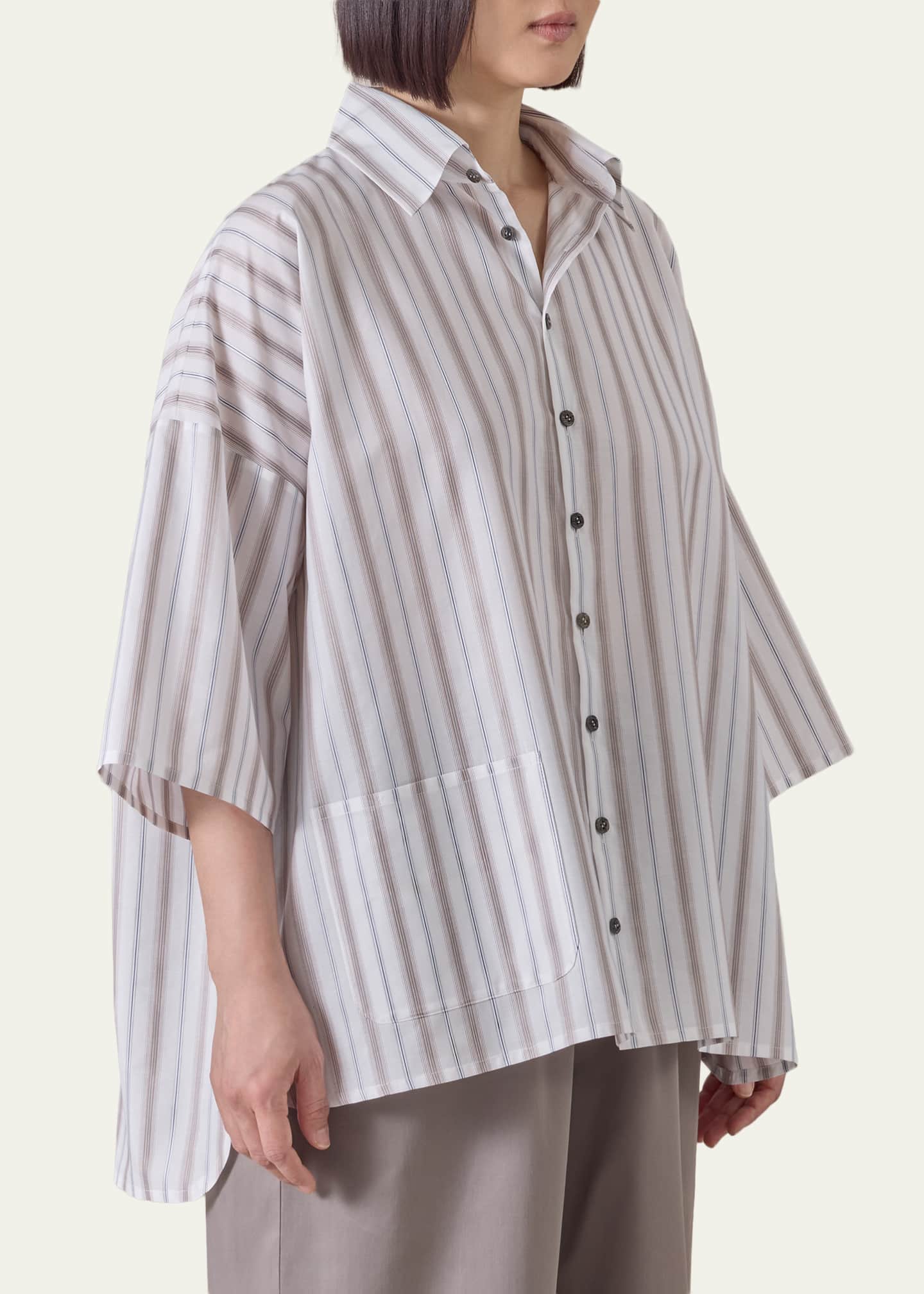 Eskandar Cotton Sloped Shoulder Wide A-Line Short Sleeve Shirt