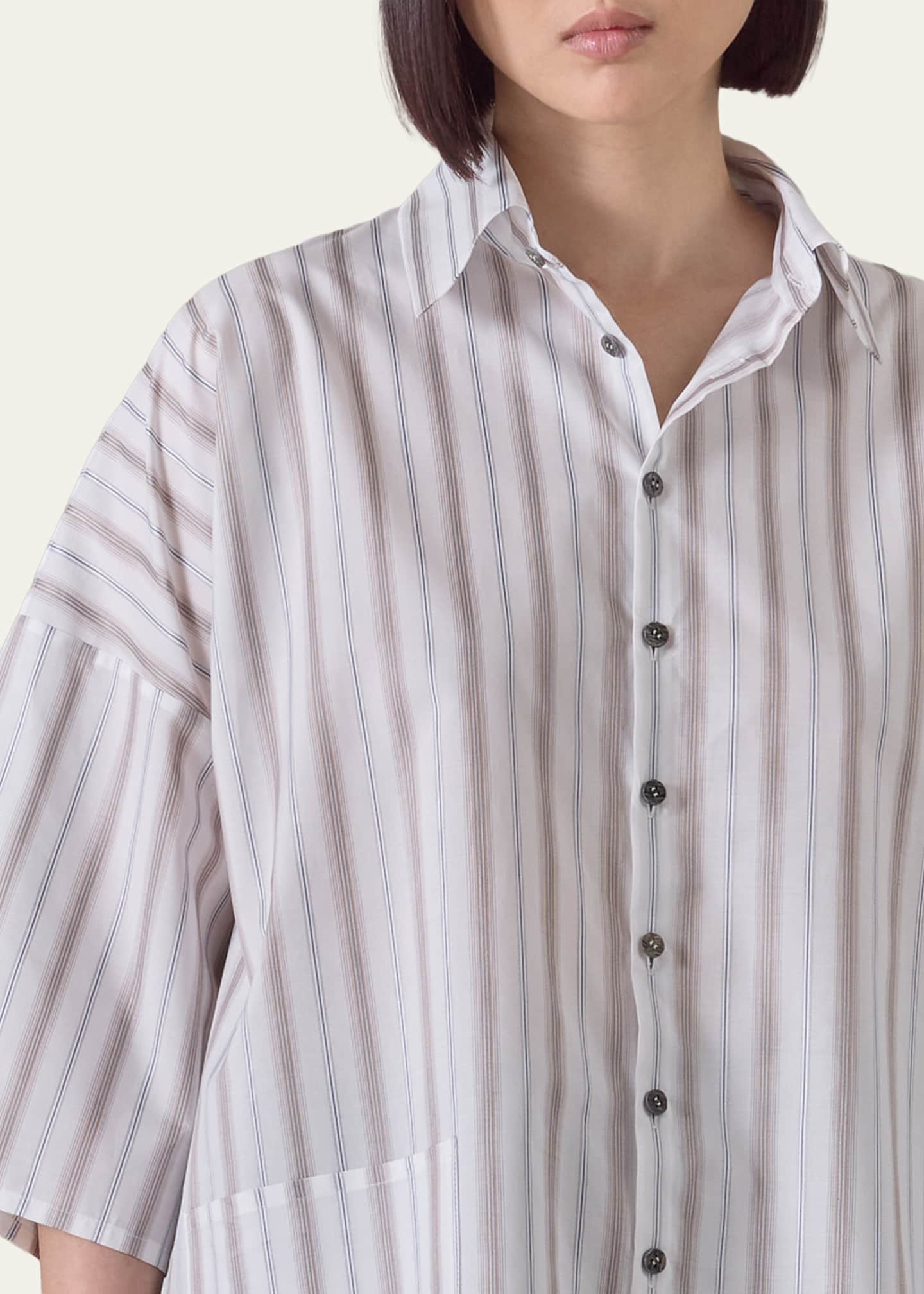 Eskandar Cotton Sloped Shoulder Wide A-Line Short Sleeve Shirt