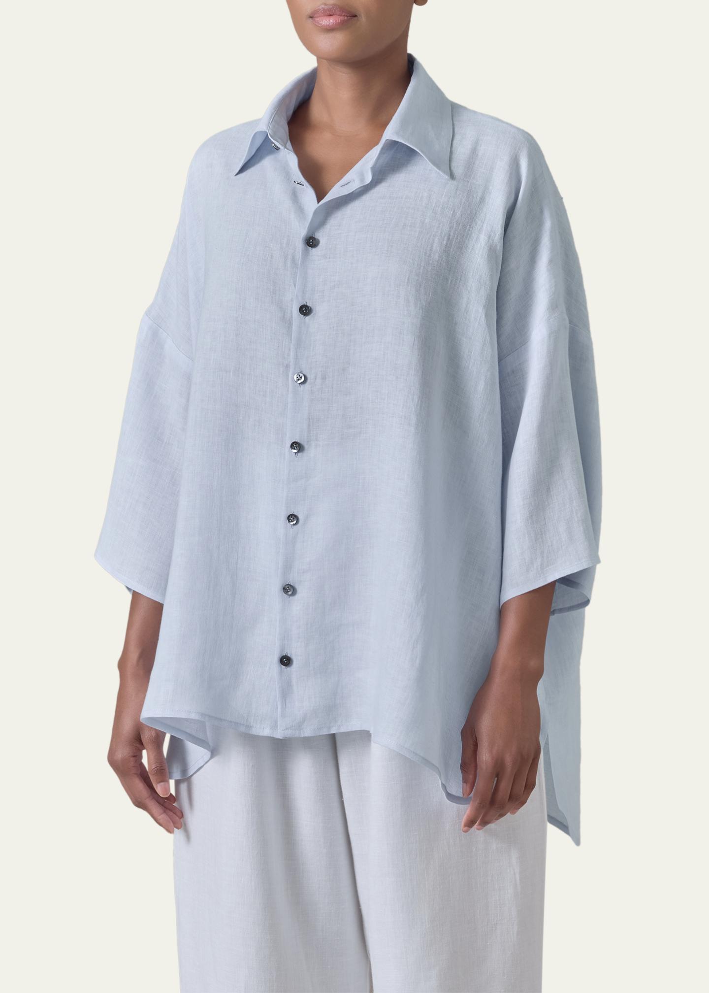 Eskandar Sloped Shoulder Wide A-Line Short Sleeve Shirt With Collar ...