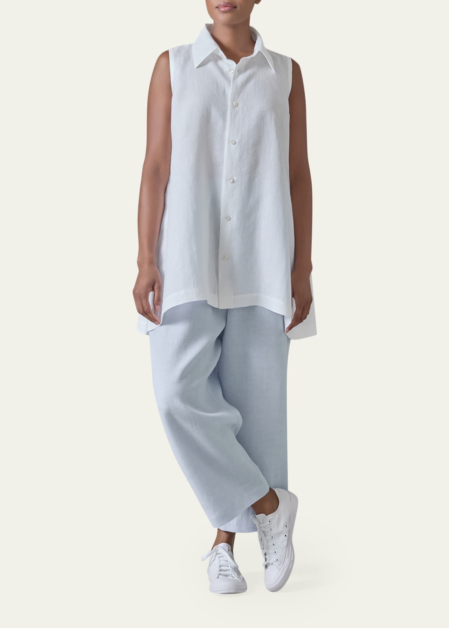 Eskandar Side Pleated Sleeveless Shirt With Collar - Long Length