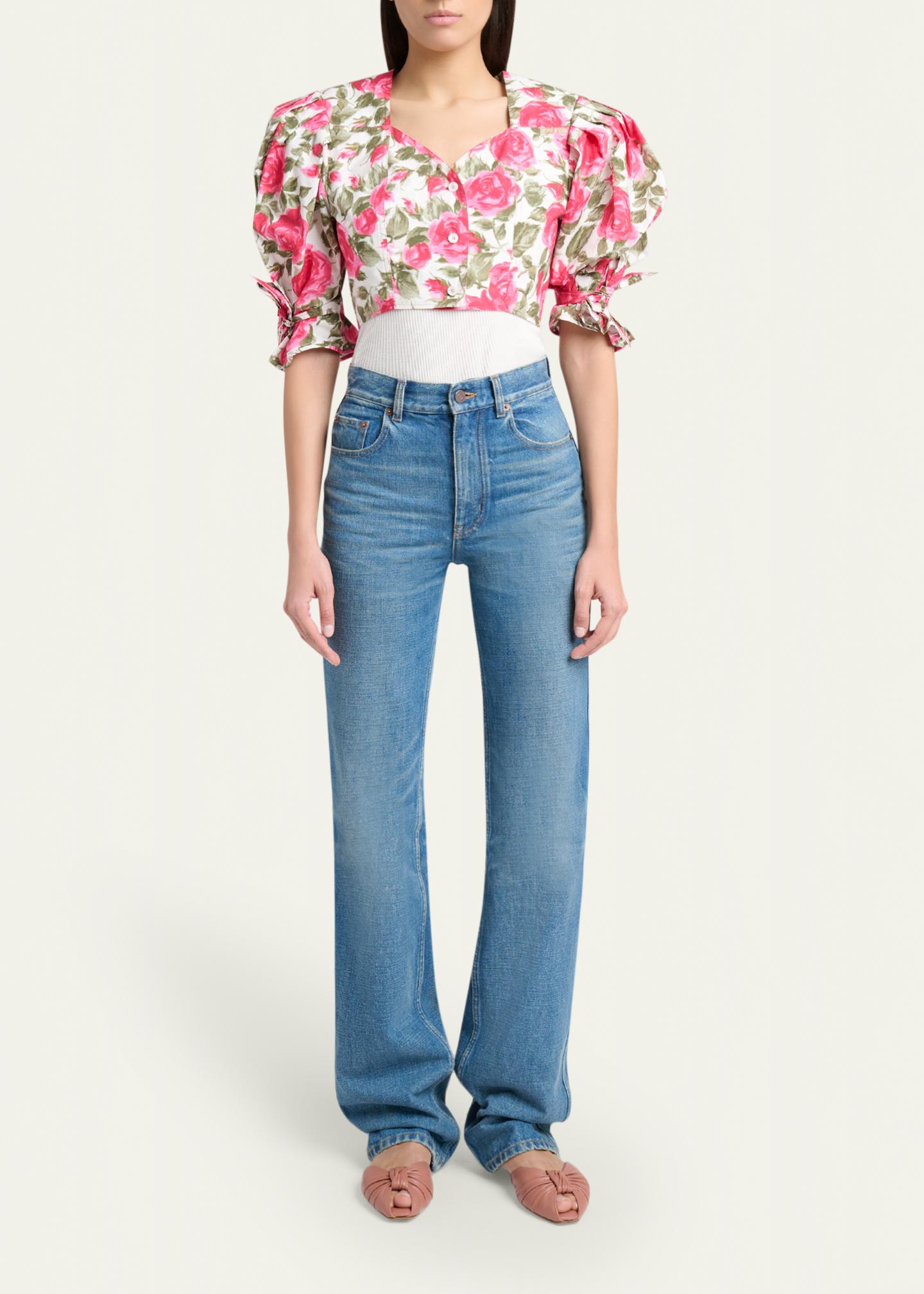 Chloe Floral Cotton Puff-Sleeve Button-Front Crop Top - Bergdorf Goodman