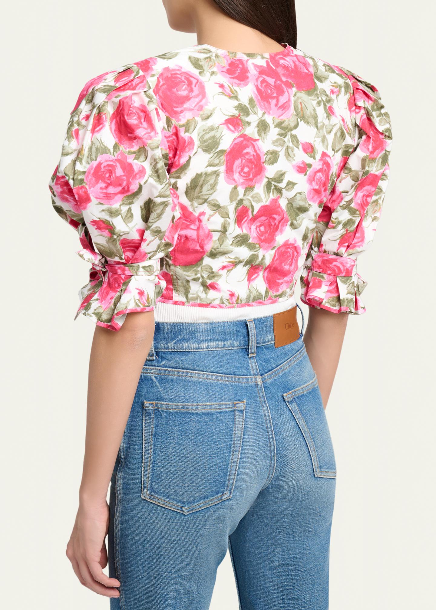 Chloe Floral Cotton Puff-Sleeve Button-Front Crop Top - Bergdorf Goodman