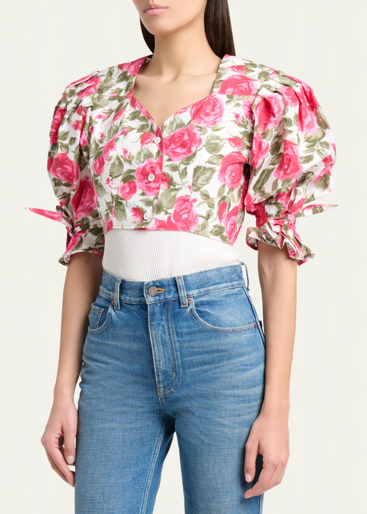 Chloe Floral Cotton Puff-Sleeve Button-Front Crop Top - Bergdorf Goodman