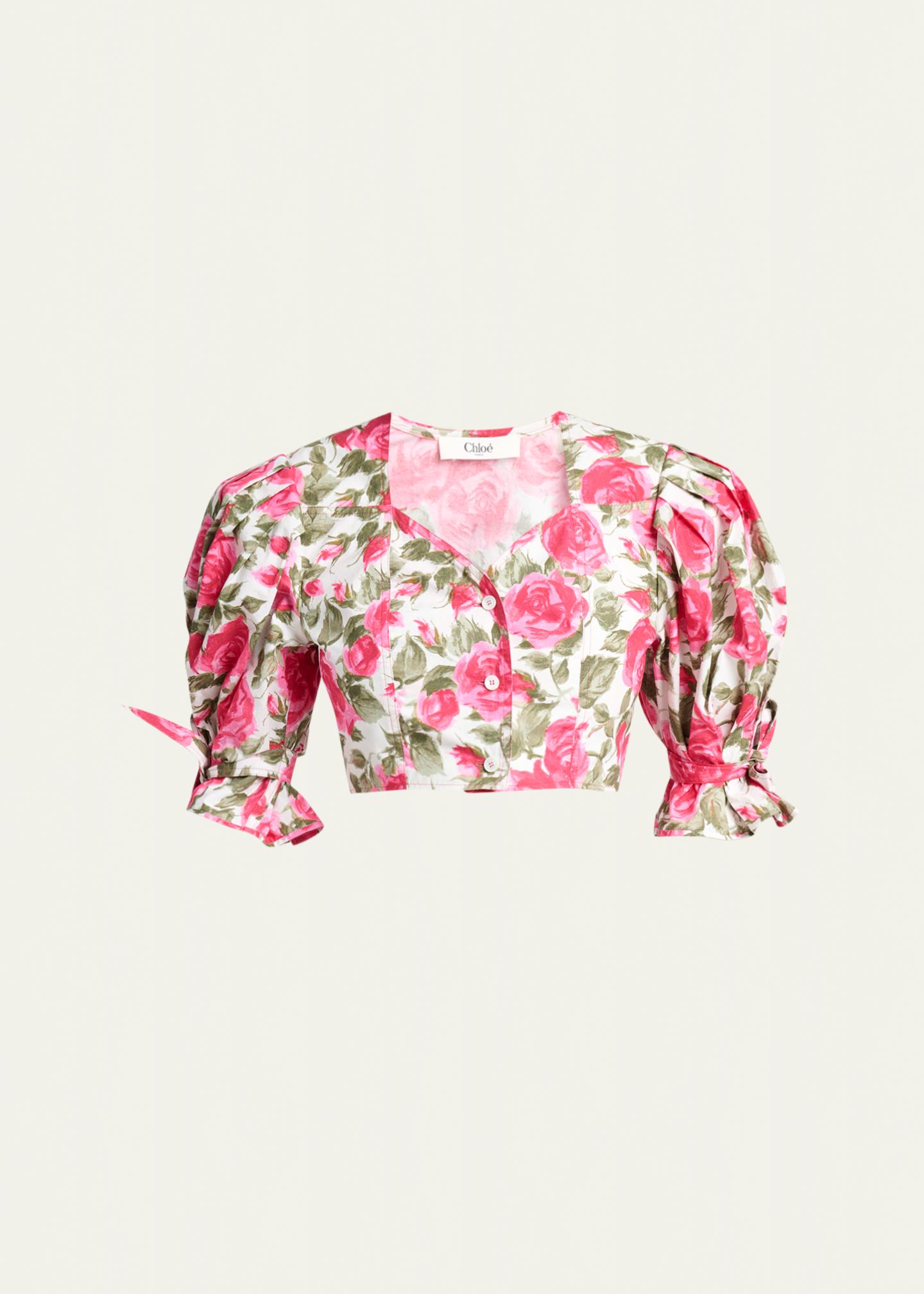 Chloe Floral Cotton Puff-Sleeve Button-Front Crop Top - Bergdorf Goodman