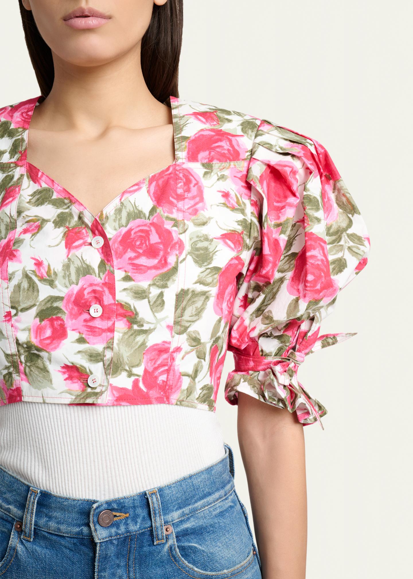 Chloe Floral Cotton Puff-Sleeve Button-Front Crop Top - Bergdorf