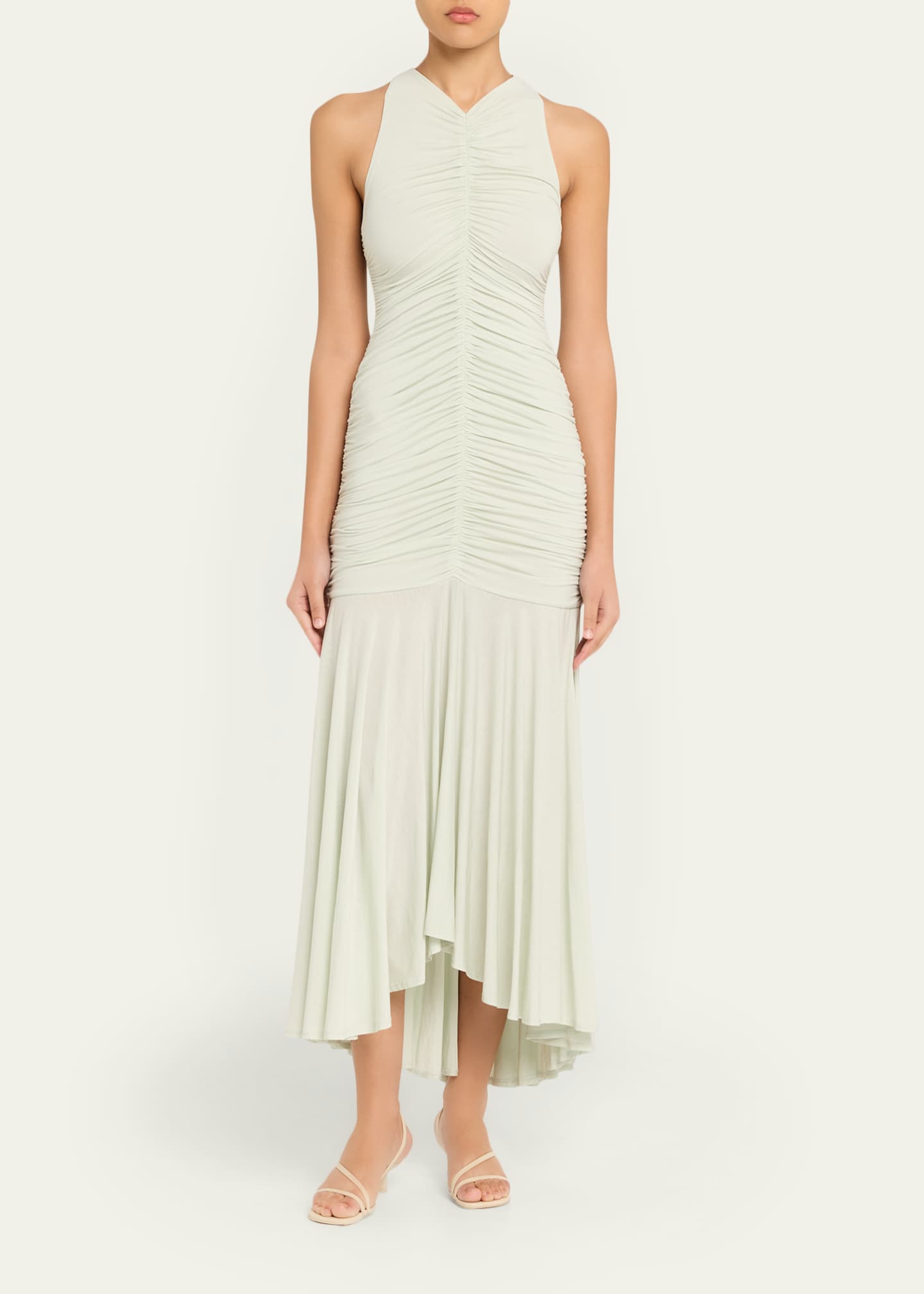 ruched fit and flare dress Lands End Fit & Flare Dress XL (18) Green White Print Cotton Jersey Ruched  Midi
