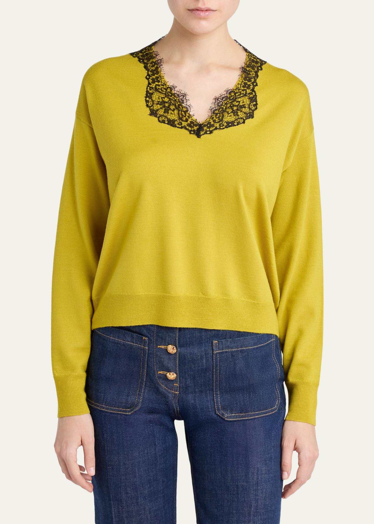 VALENTINO ヴァレンティノカシミヤシルク混 レース切替ニット 38 Valentino Garavani Lace-Trim V-Neck Cashmere Sweater - Bergdorf