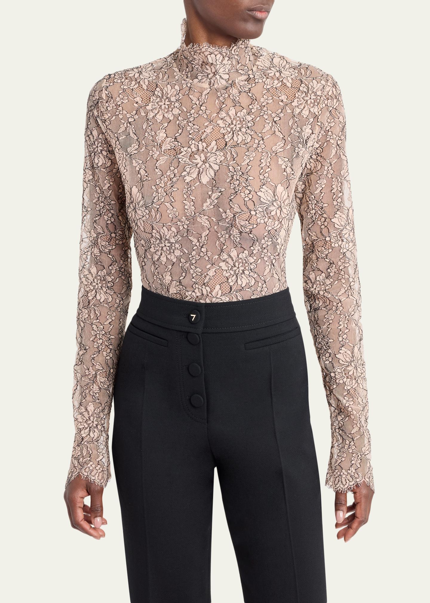 Valentino Garavani Mock-Neck Lace Jersey Long-Sleeve Bodysuit