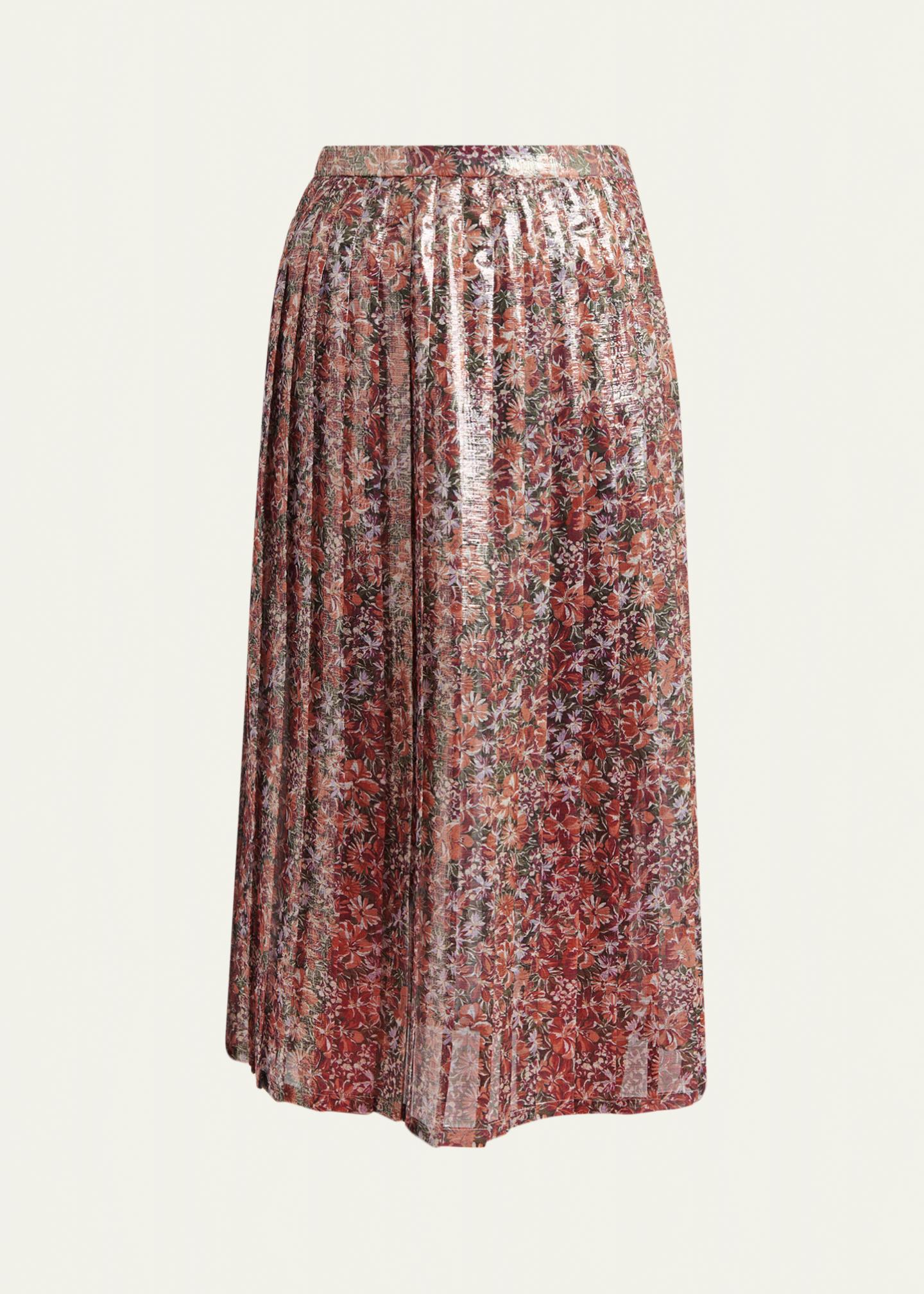 Valentino Garavani Metallic Silk Floral Pleated Midi-Skirt