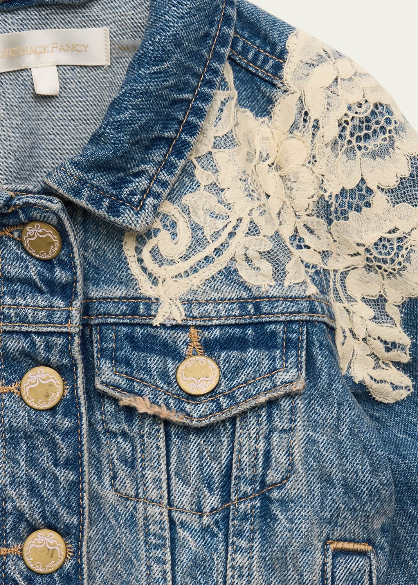 LoveShackFancy Girl's Lavina Lace Applique Denim Jacket, Size 2-6