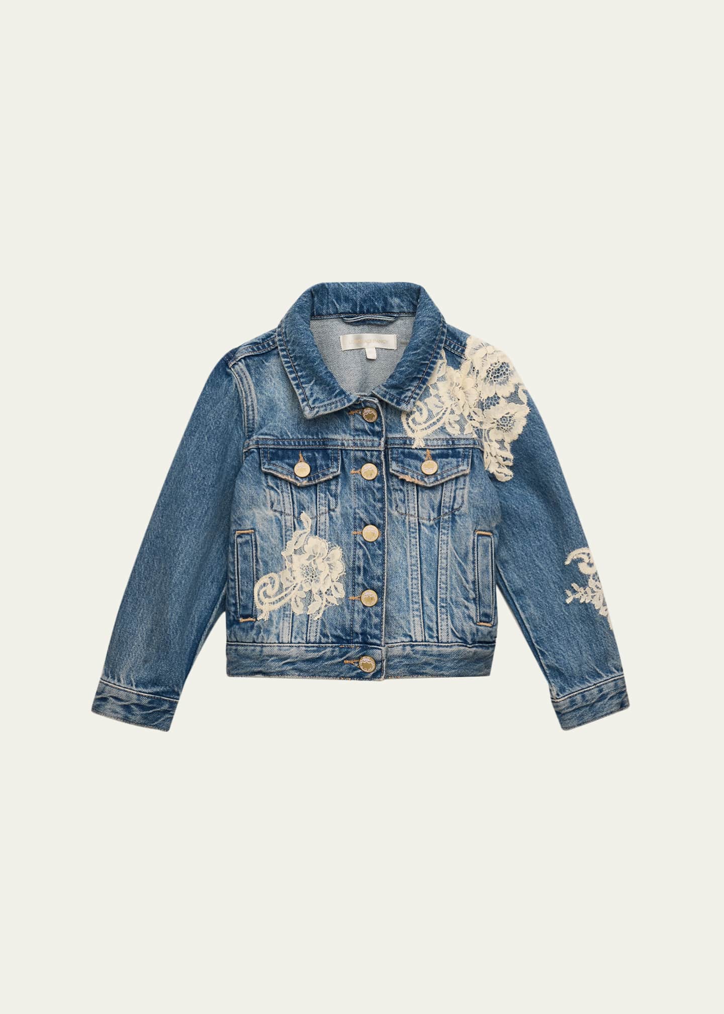LoveShackFancy Girl's Lavina Lace Applique Denim Jacket, Size 2-6
