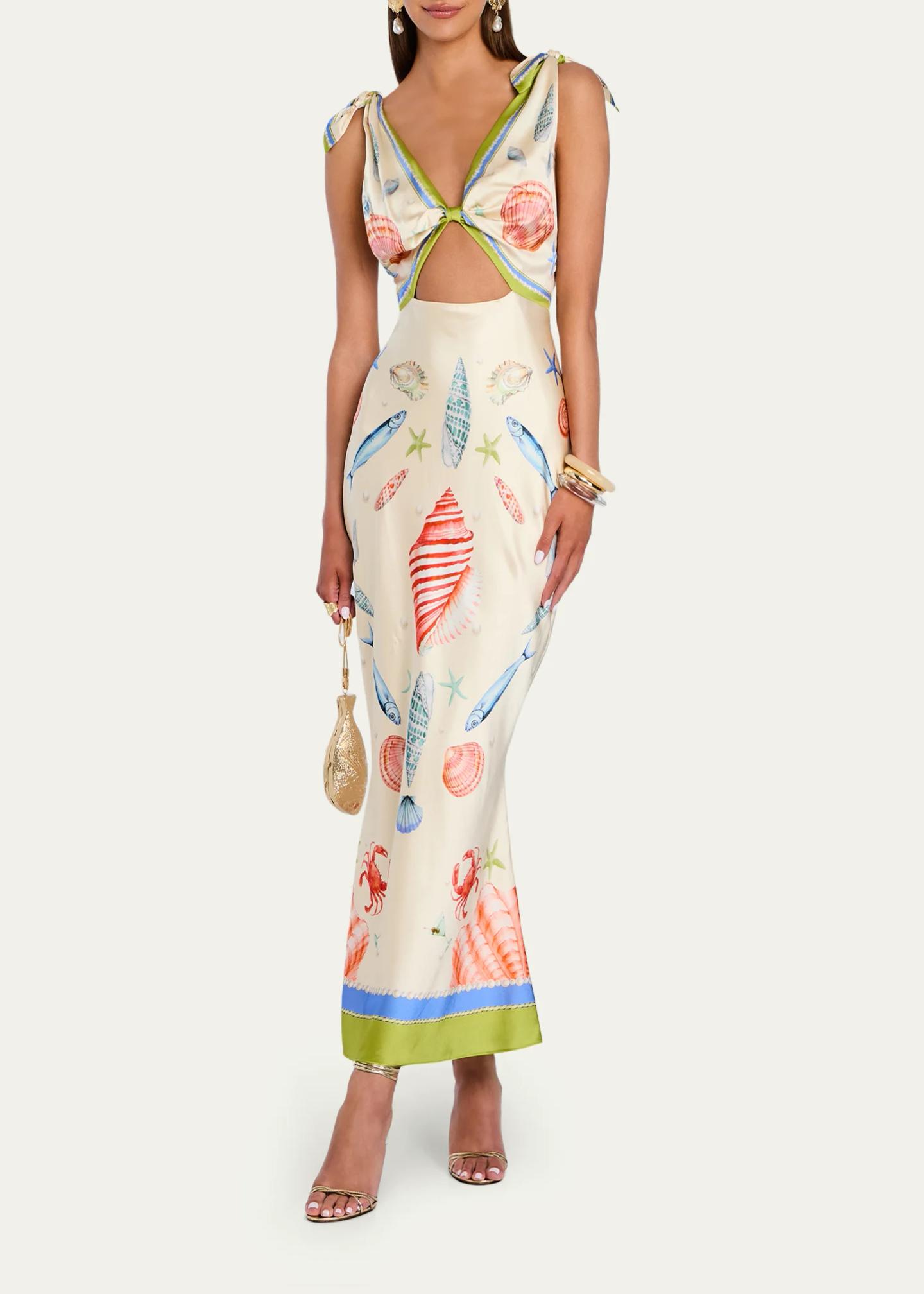 Retrofête Carlotte Seashell-Print Silk Satin Midi Dress - Bergdorf Goodman