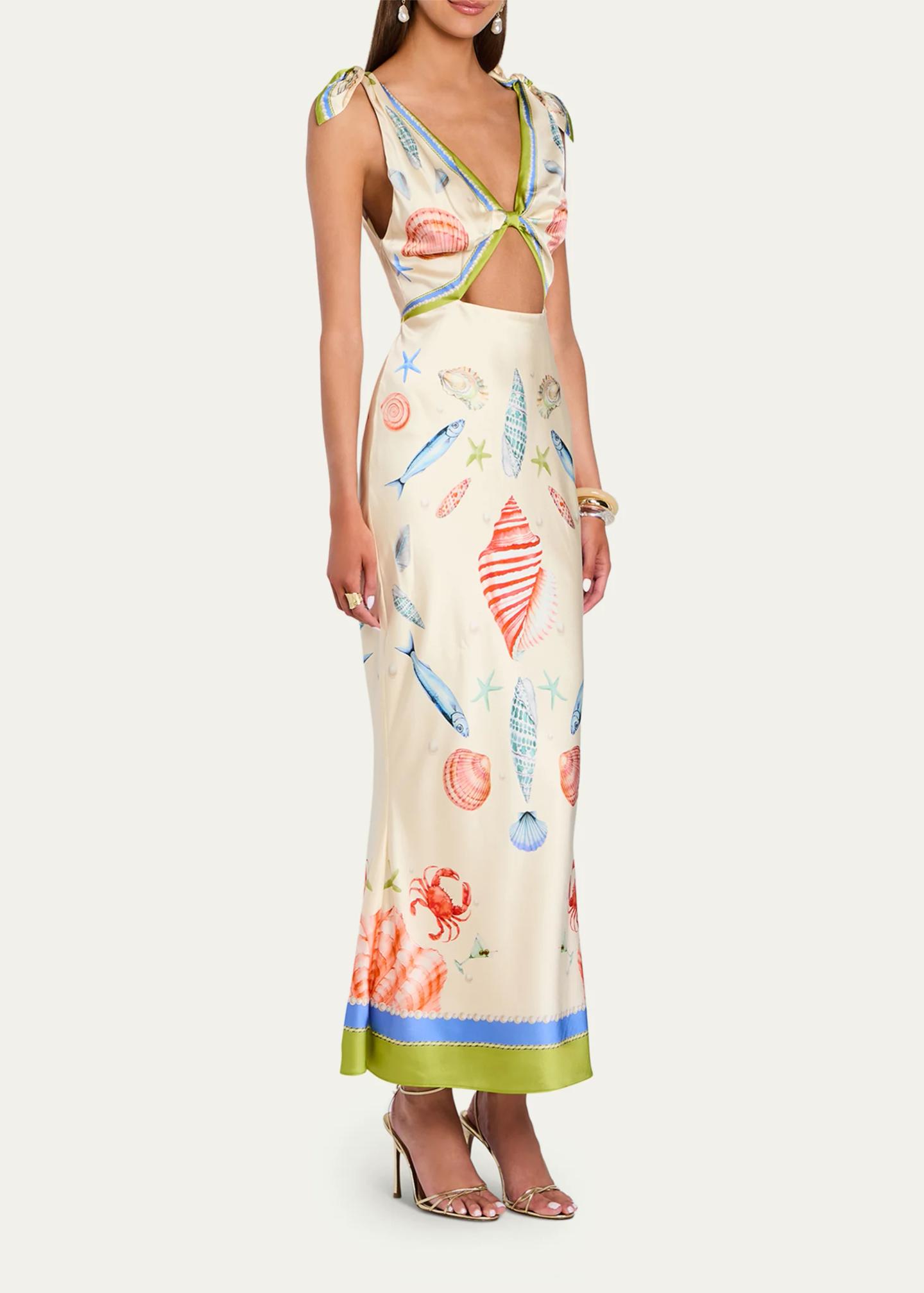 Retrofête Carlotte Seashell-Print Silk Satin Midi Dress - Bergdorf Goodman