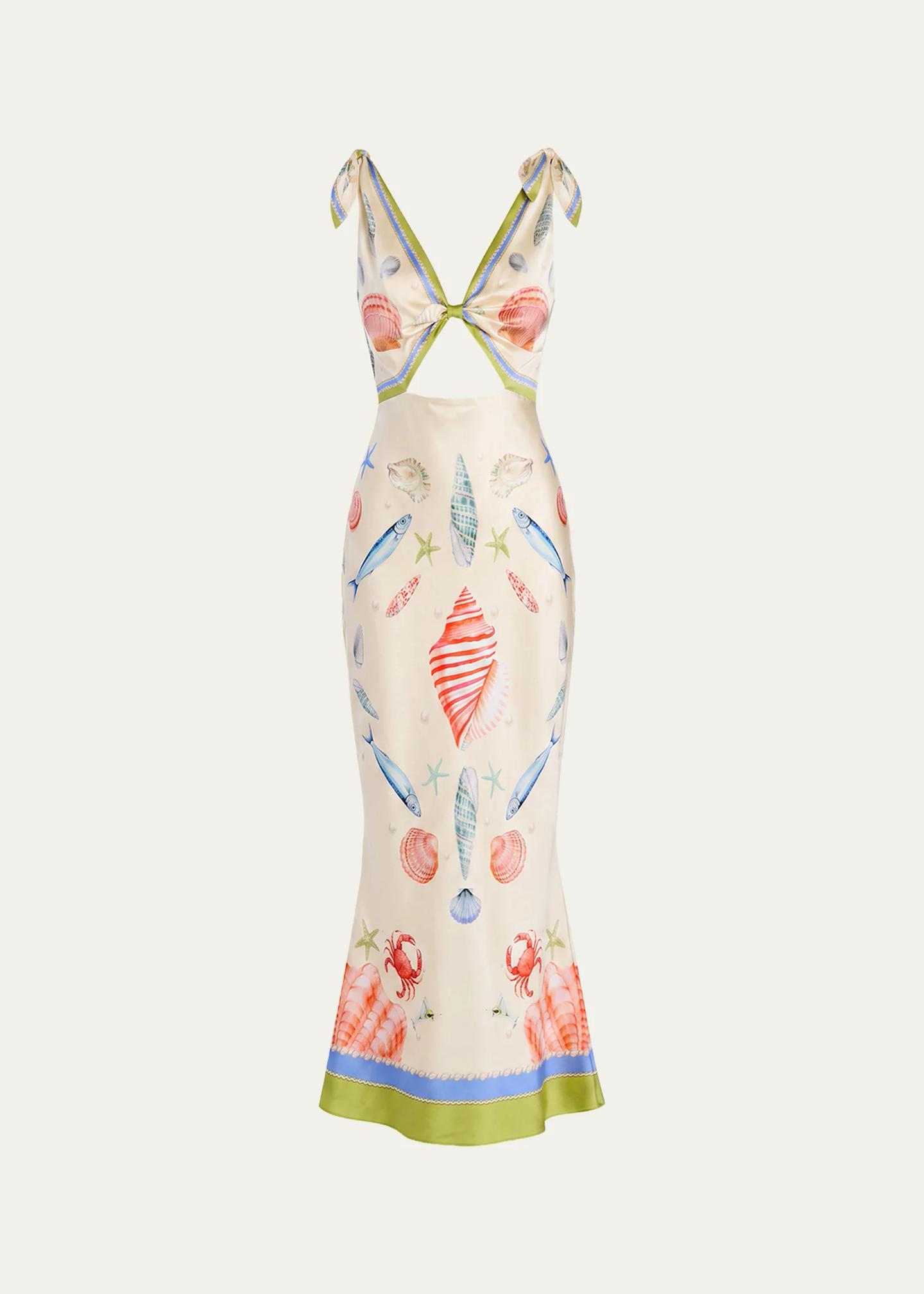 Retrofête Carlotte Seashell-Print Silk Satin Midi Dress - Bergdorf Goodman