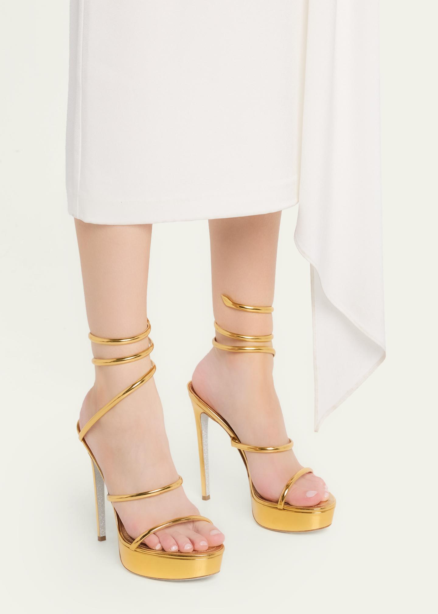 Rene Caovilla 130mm Metallic Leather Platform Snake-Wrap Sandals