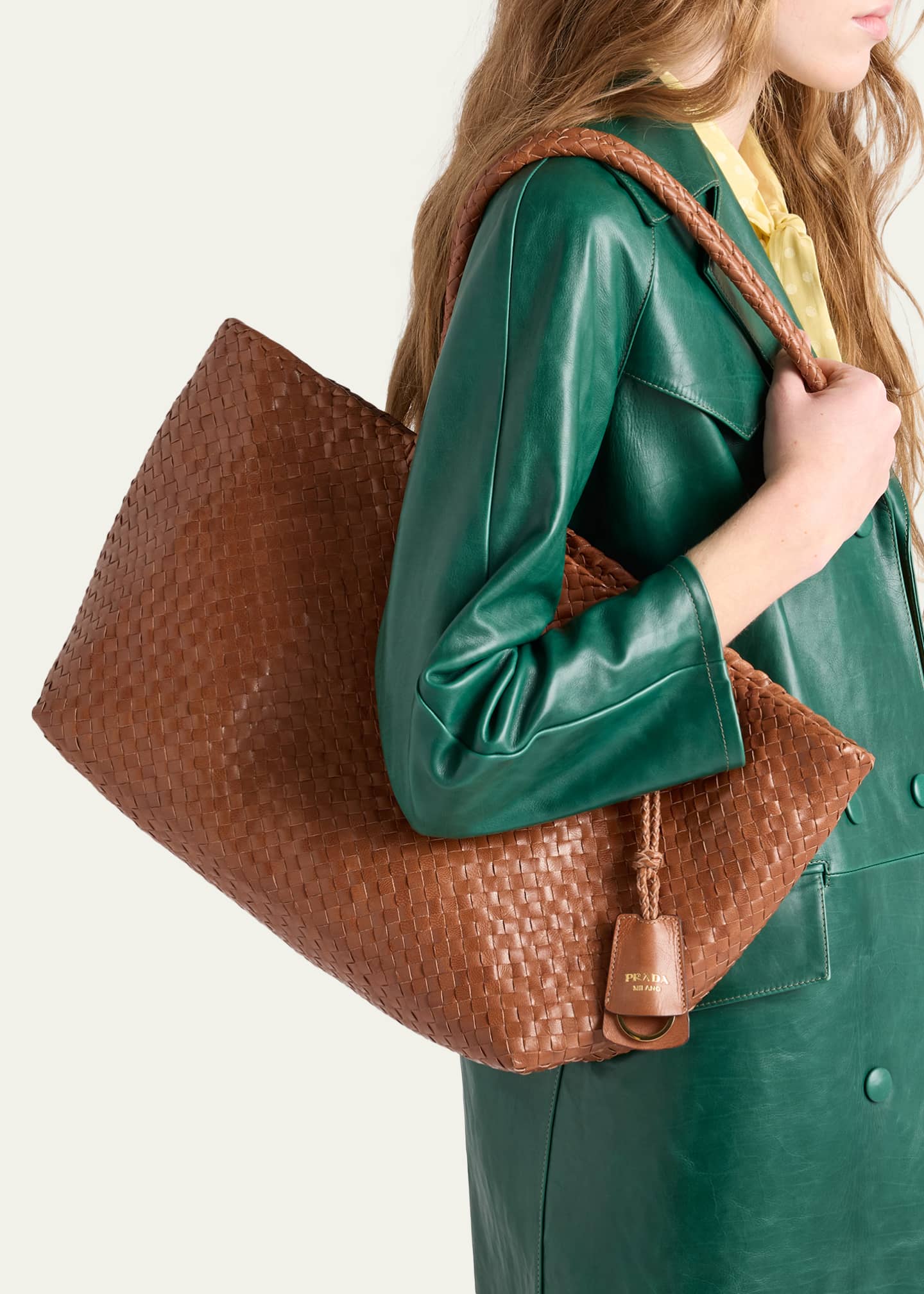 PRADA 木目調ハンガー ダークブラウン Prada Madras Woven Leather Tote Bag - Bergdorf Goodman