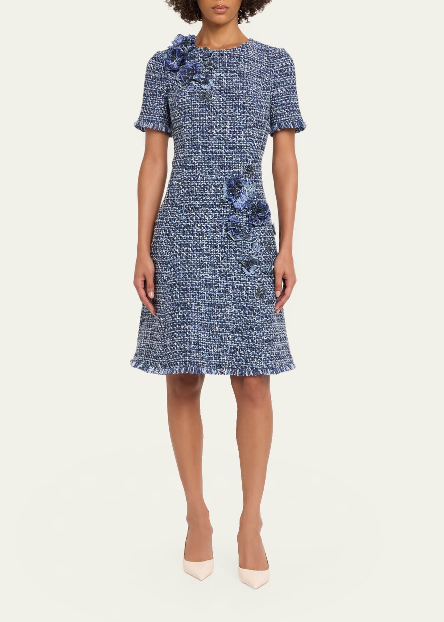 teri jon by rickie freeman special occasion short printed dress Rickie Freeman For Teri Jon Floral Tweed Short-Sleeve Dress, Blue Multi, Women's, 14, Casual & Work Dresses Tweed Dresses