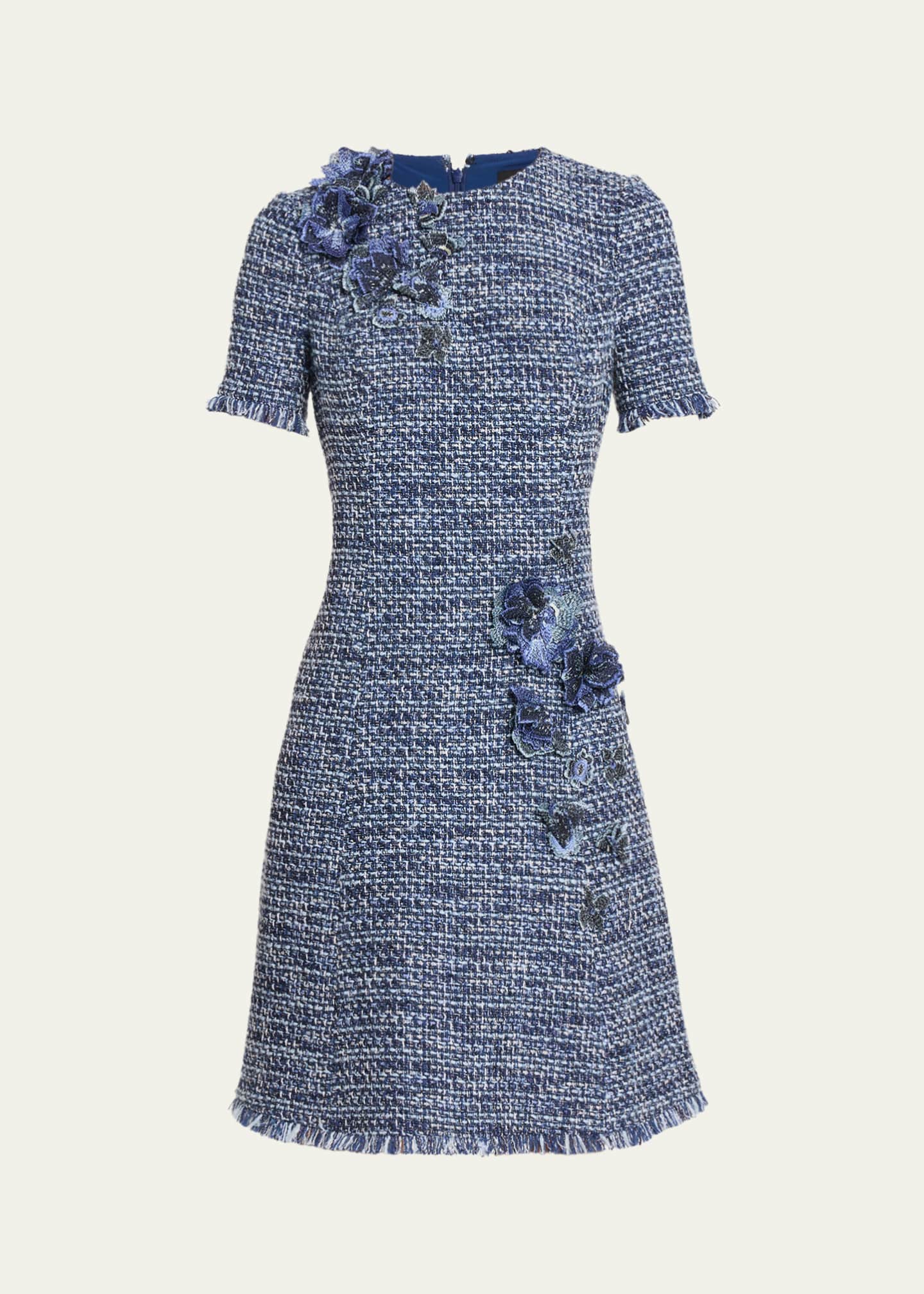 teri jon short dresses Rickie Freeman For Teri Jon Floral Tweed Short-Sleeve Dress, Blue Multi, Women's, 14, Casual & Work Dresses Tweed Dresses