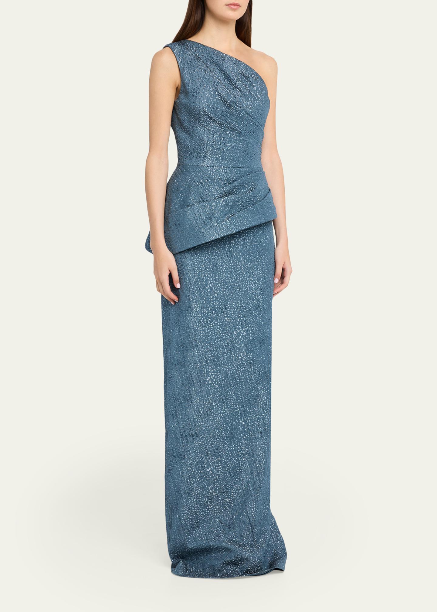 Rickie Freeman for Teri Jon One-Shoulder Metallic Jacquard Peplum