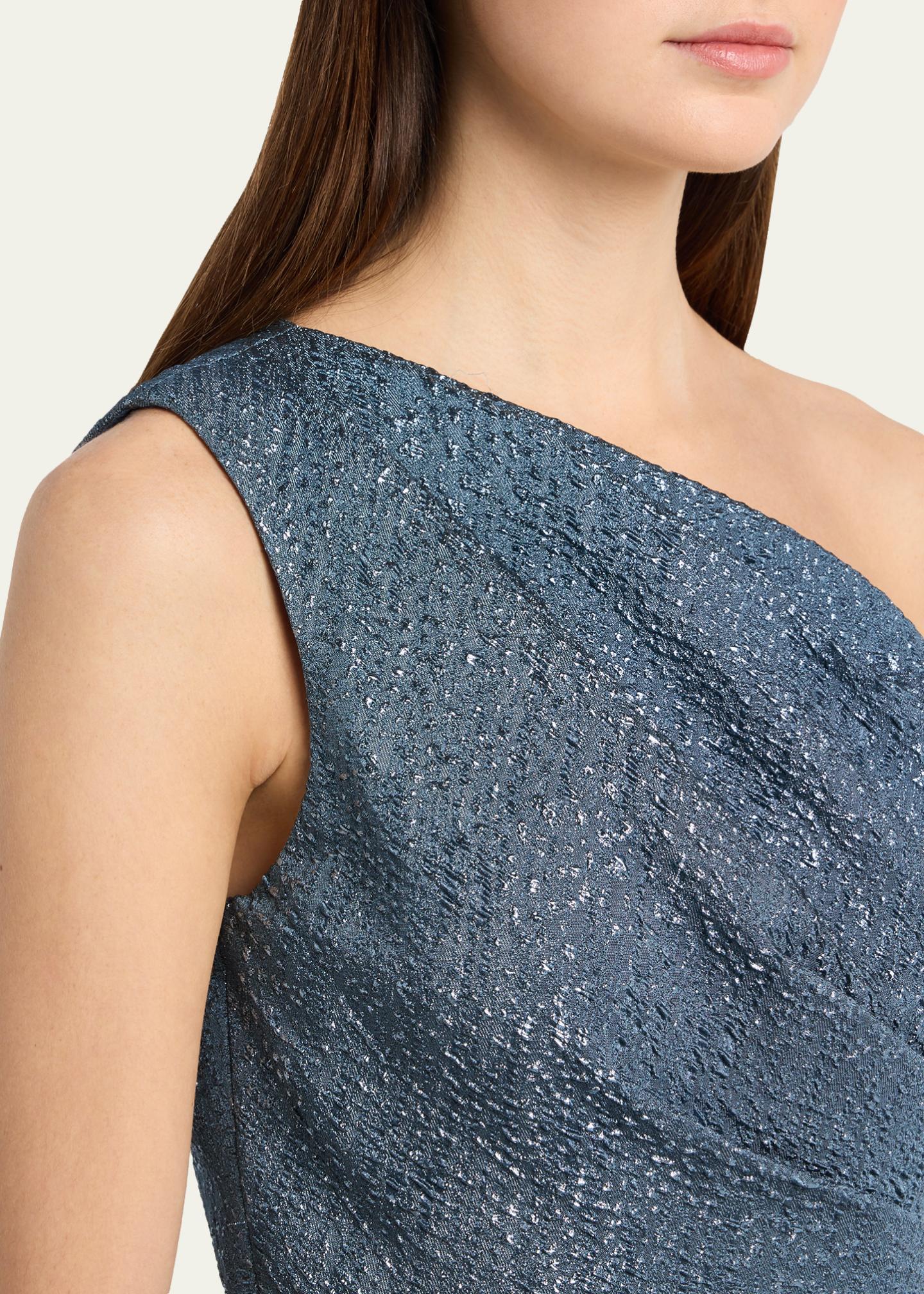 Rickie Freeman for Teri Jon One-Shoulder Metallic Jacquard Peplum
