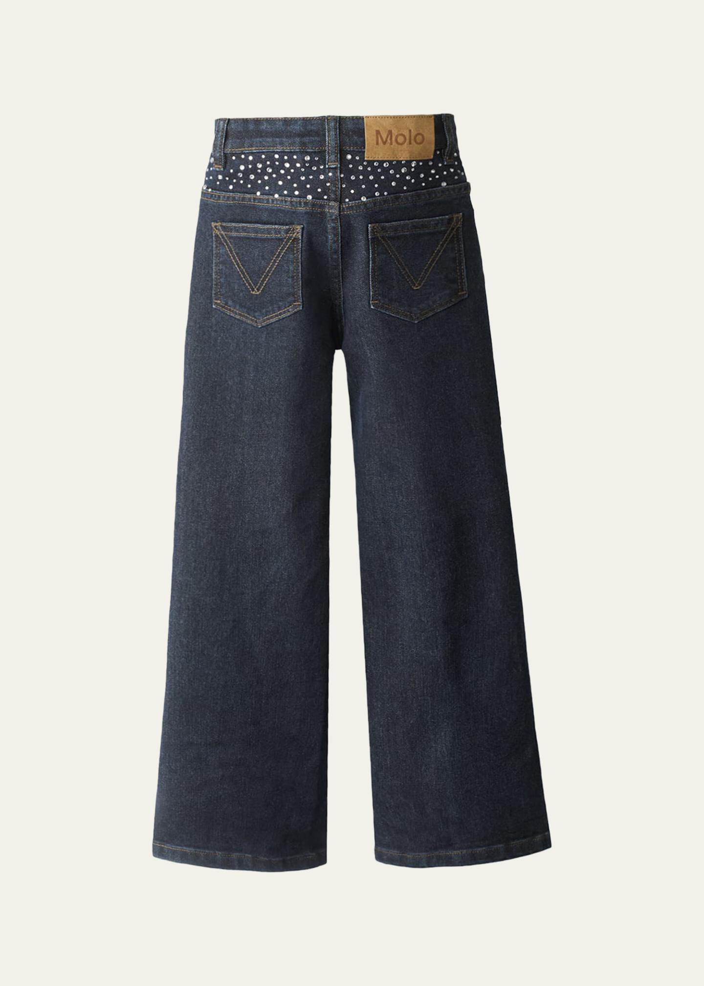 Molo Girl's Asta Rhinestone-Embellished Wide-Leg Denim Jeans, Size