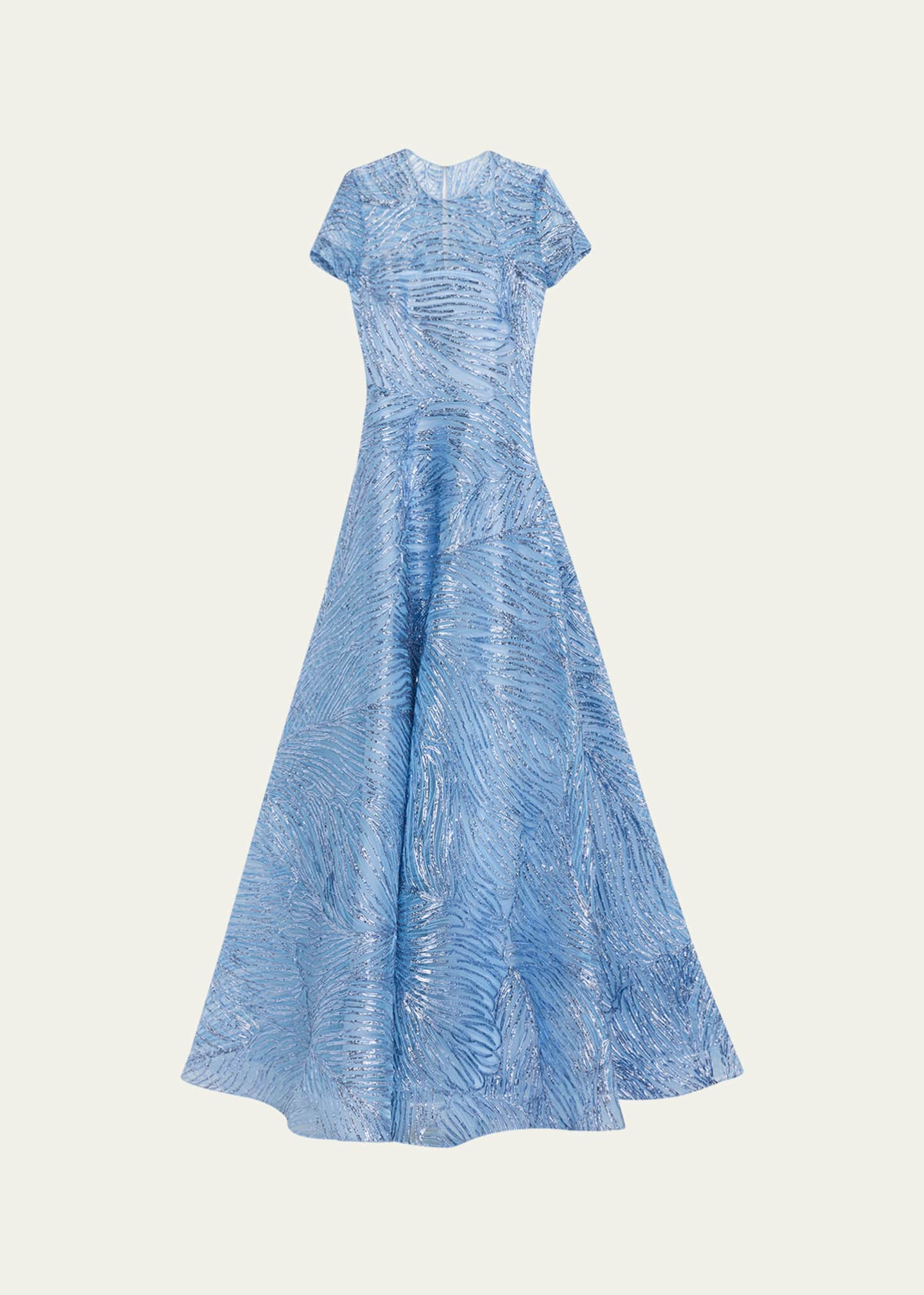 Naeem Khan Metallic Embroidered Short-Sleeve Illusion Gown