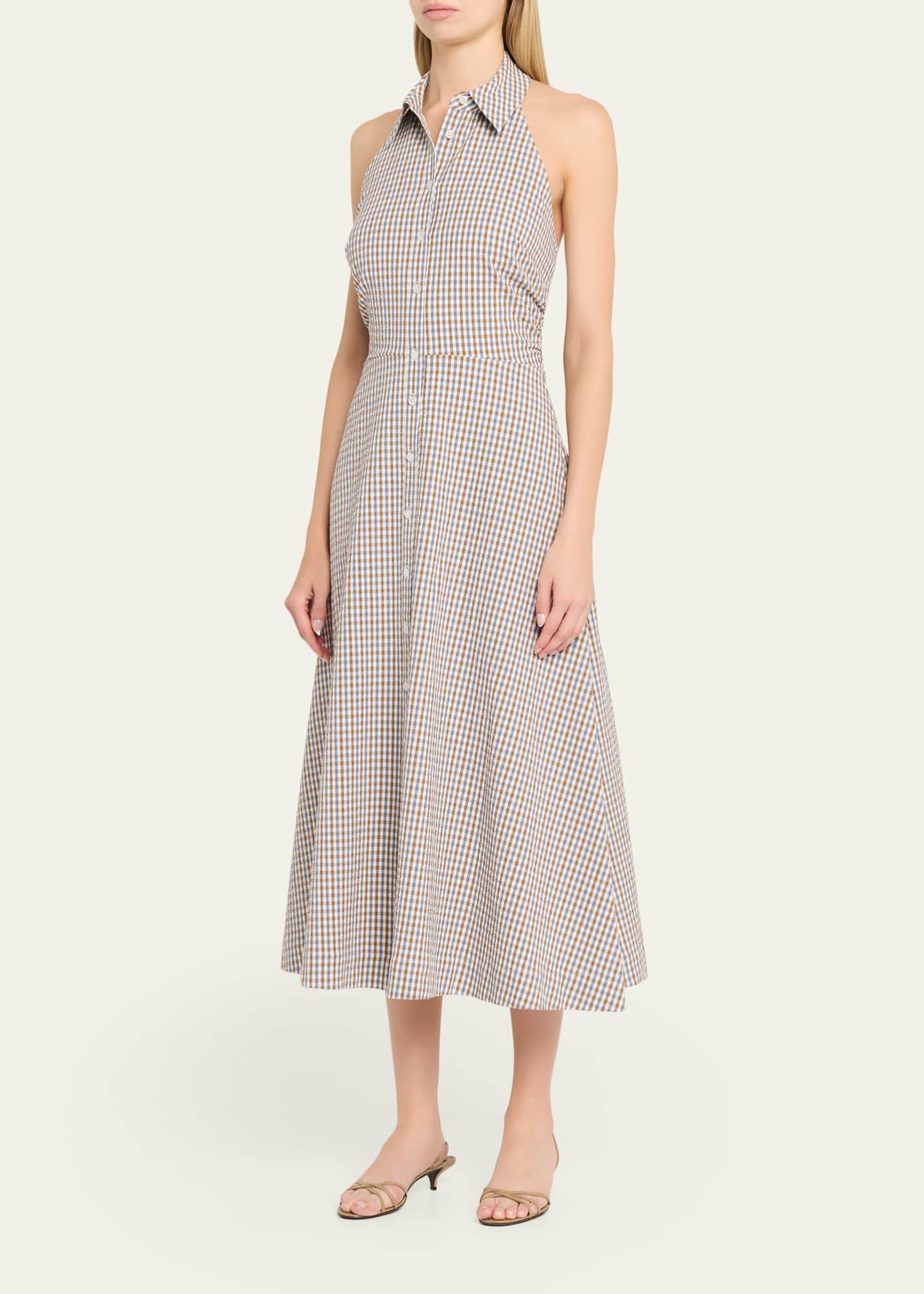 veronica beard mackey gingham seersucker halter dress Veronica Beard Women's Mackey Gingham Halterneck Midi-Shirtdress - Acorn Multi